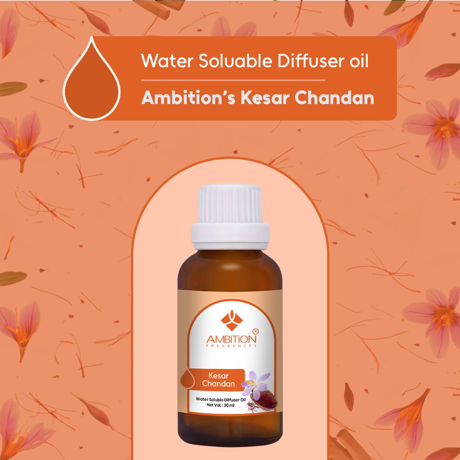 ambition Kesar chandan Aroma Oil Water-Soluble Diffuser Oil – Long Lasting Aromatherapy Essential Oil Blend for Ultrasonic Humidifier Water Diffusers
