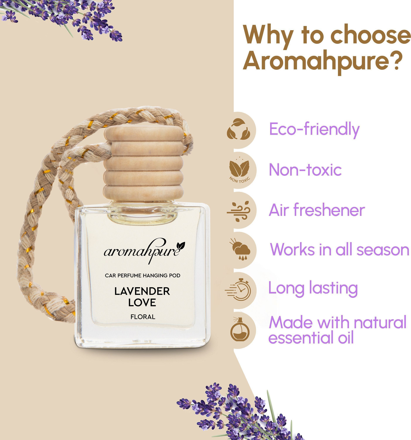 Image of Aromahpure Lavender Car Freshener Diffuser Hanging Pod | Natural Fragrance Oils in Glass Bottle with Wooden Lid