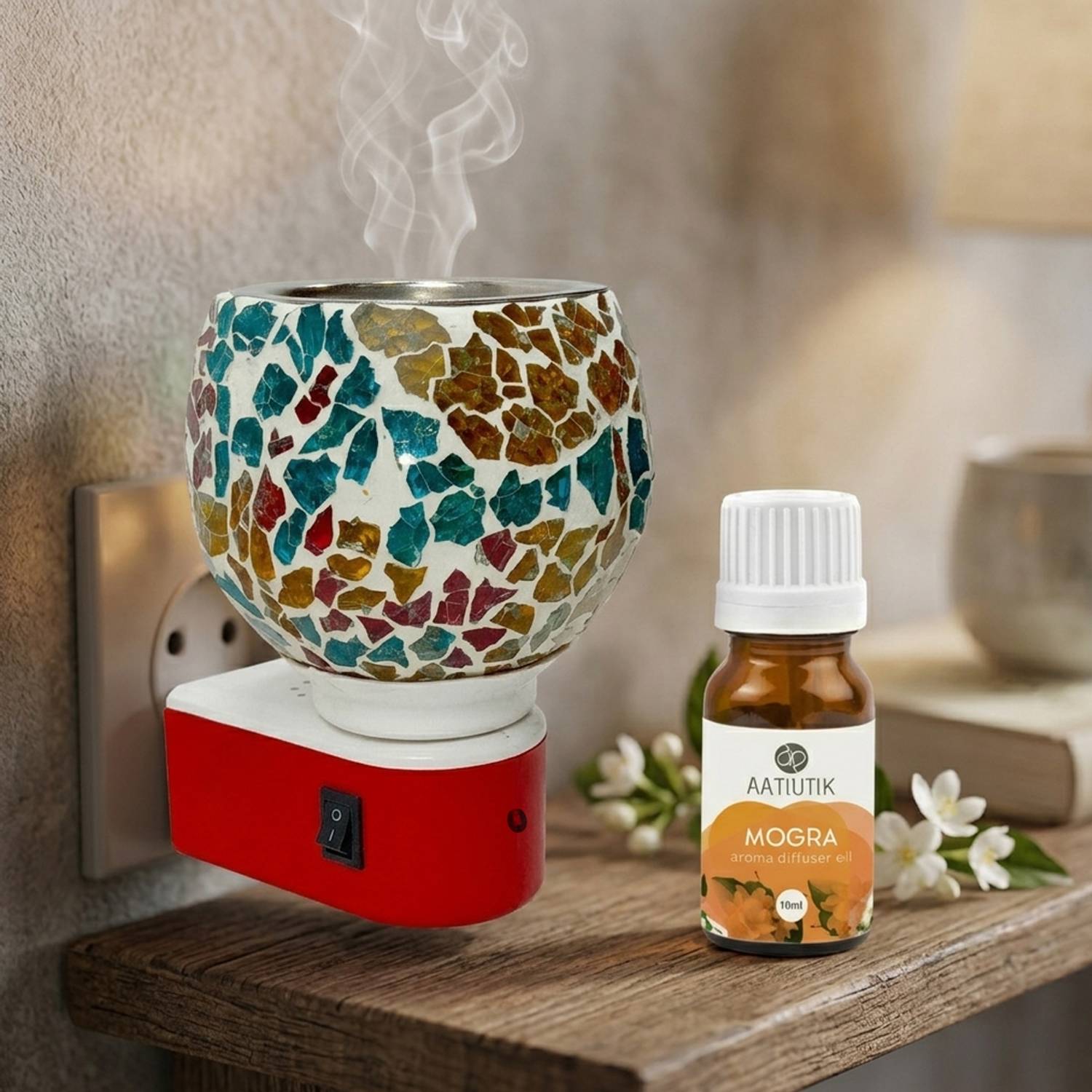 Aatiutik Mogra Fragrance Night Lamp with On/Off Switch Diffuser Set Electric Kapoor Dani Camphor Diffuser with Aroma Oil | Ceramic Essential Oil Burner with Steel Bowl on top | Plug-in Fragrance Diffuser for Home, Office & SPA, Hotel
