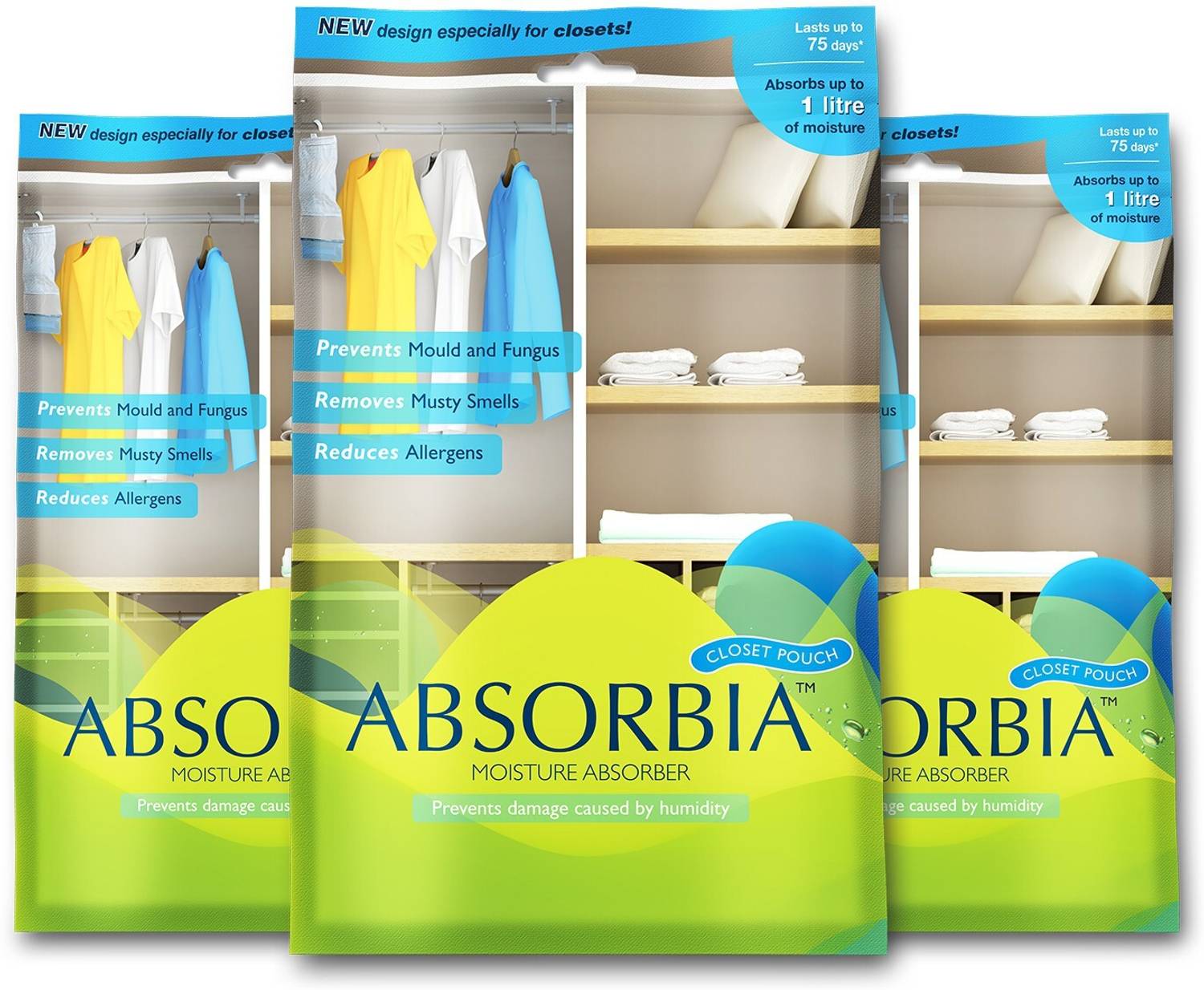 ABSORBIA NONE Blocks Moisture Absorber Hanging Pouch - Family Pack of 3(440 g X 3 Pouches)| Absorbs 1000ml Each | Dehumidifier for Wardrobe, Closet and Bathroom| Fights Against Moisture, Mould, Fungus