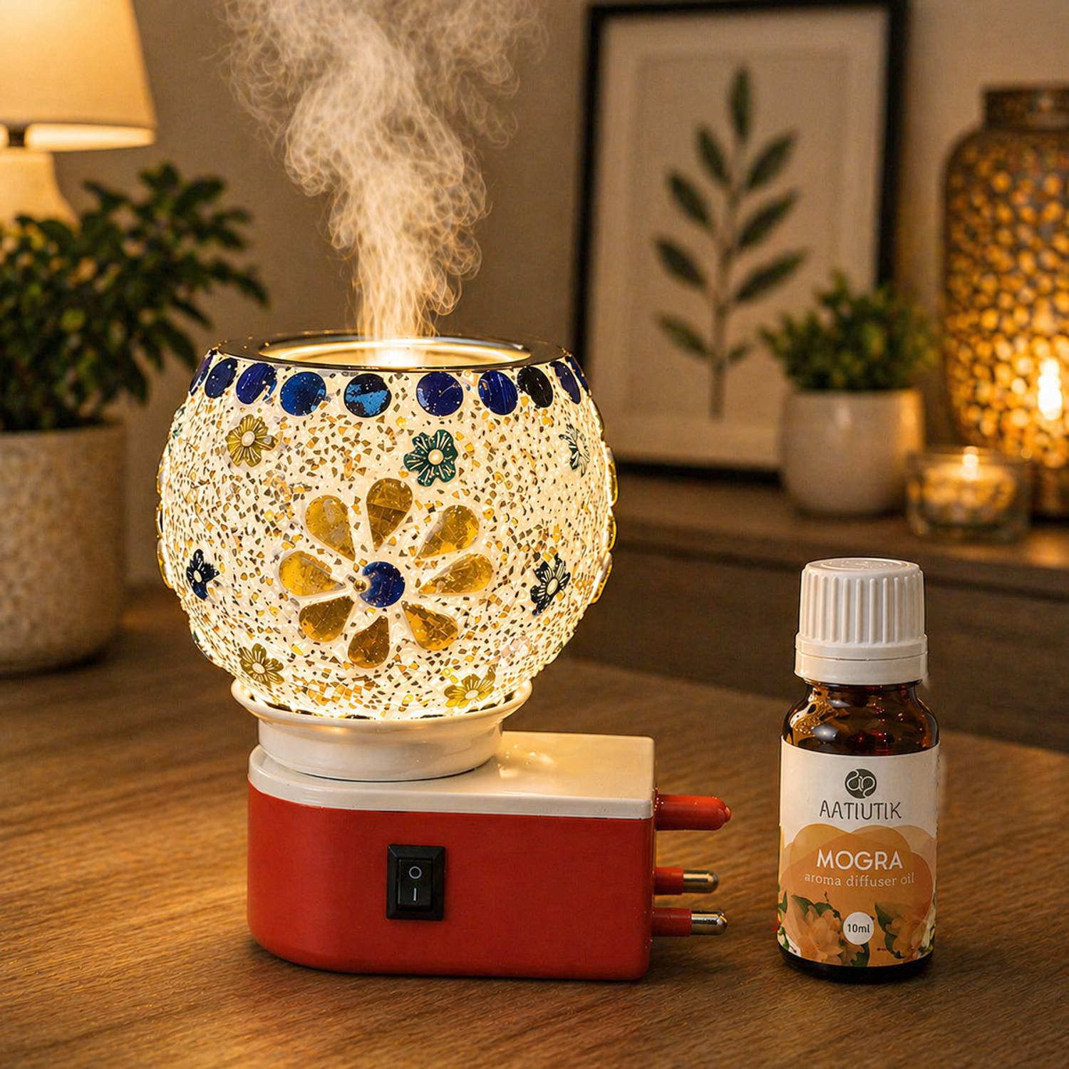 Aatiutik Mogra Fragrance Air Freshener Diffuser Set Electric Kapoor Dani Camphor Diffuser with Decorative Mosaic Ceramic Bowl | Camphor Burner for Home Fragrance, Pooja & Air Purification | Night Lamp Aroma Diffuser