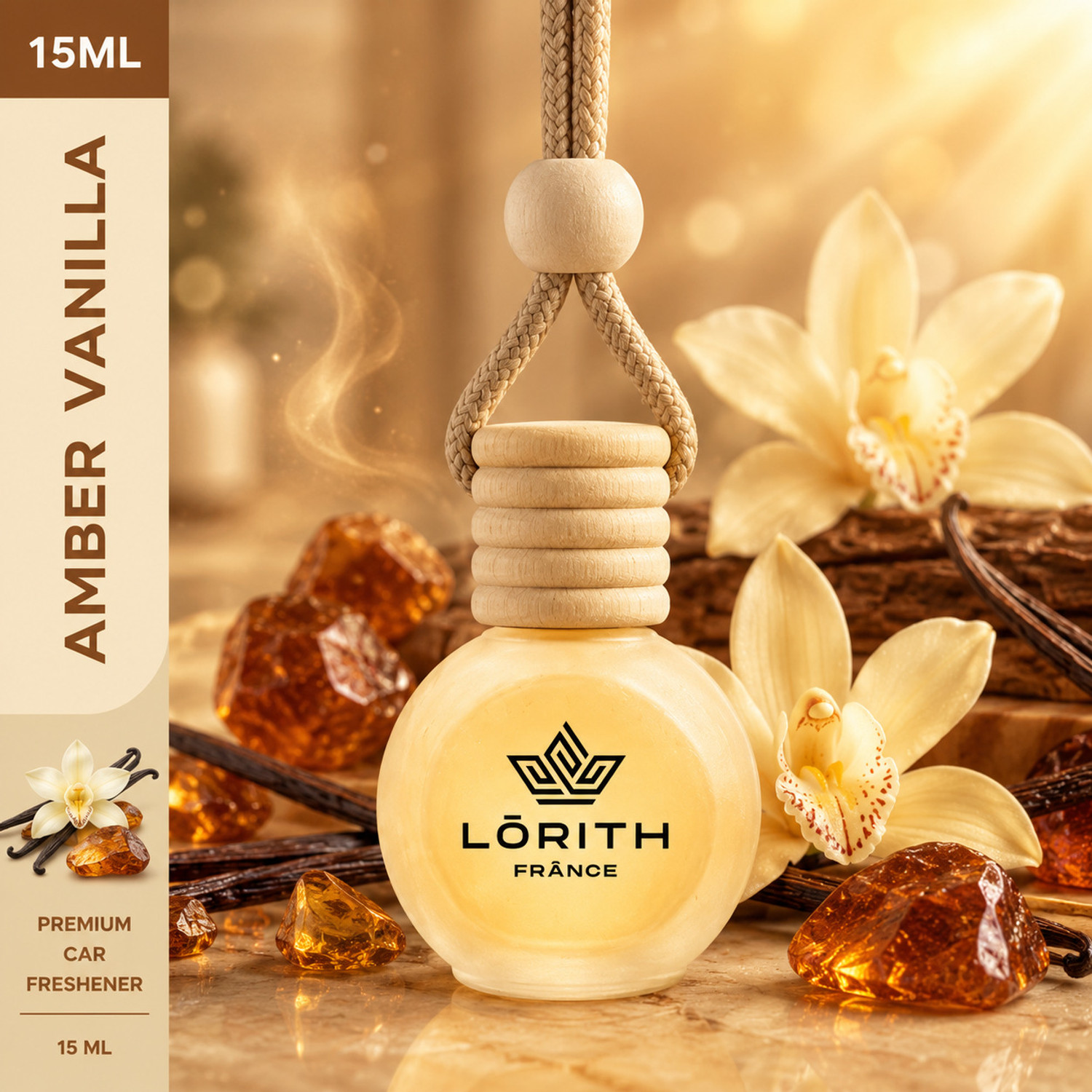 Image of Lorith France Amber Vanilla Car Freshener Diffuser Car Perfume Combo Best Pack of 1 Premium Hanging Car Air Freshener (Amber Vanilla) (15ML) Long Lasting Natural Essential Oil Glass Bottle Car Accessories