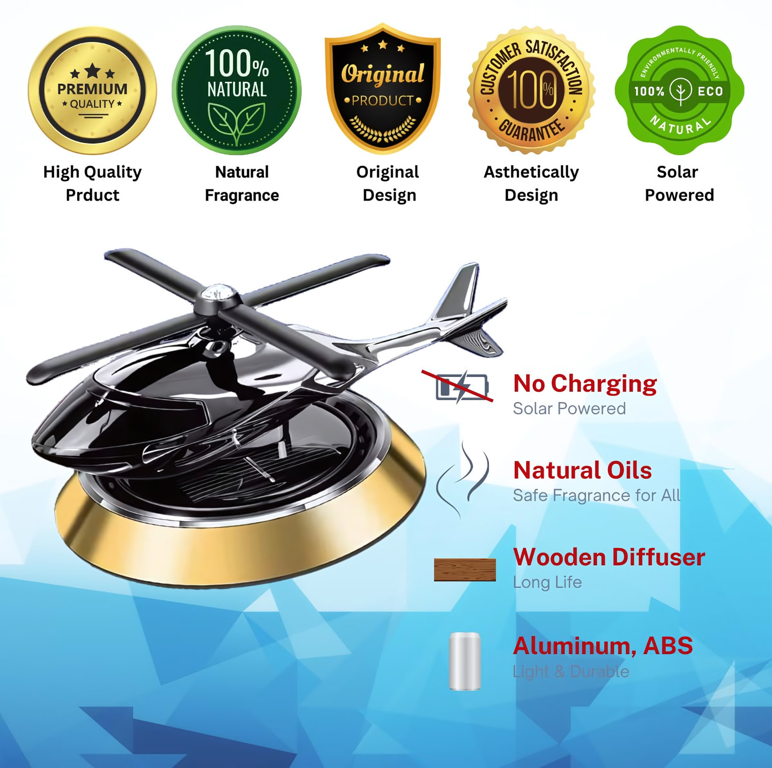 Image of Budwill Helicopter Solar Energy Rotating Aromatherapy Aviation Al Alloy Golden Cologne Car Freshener Diffuser Solar Helicopter Car Air Freshner