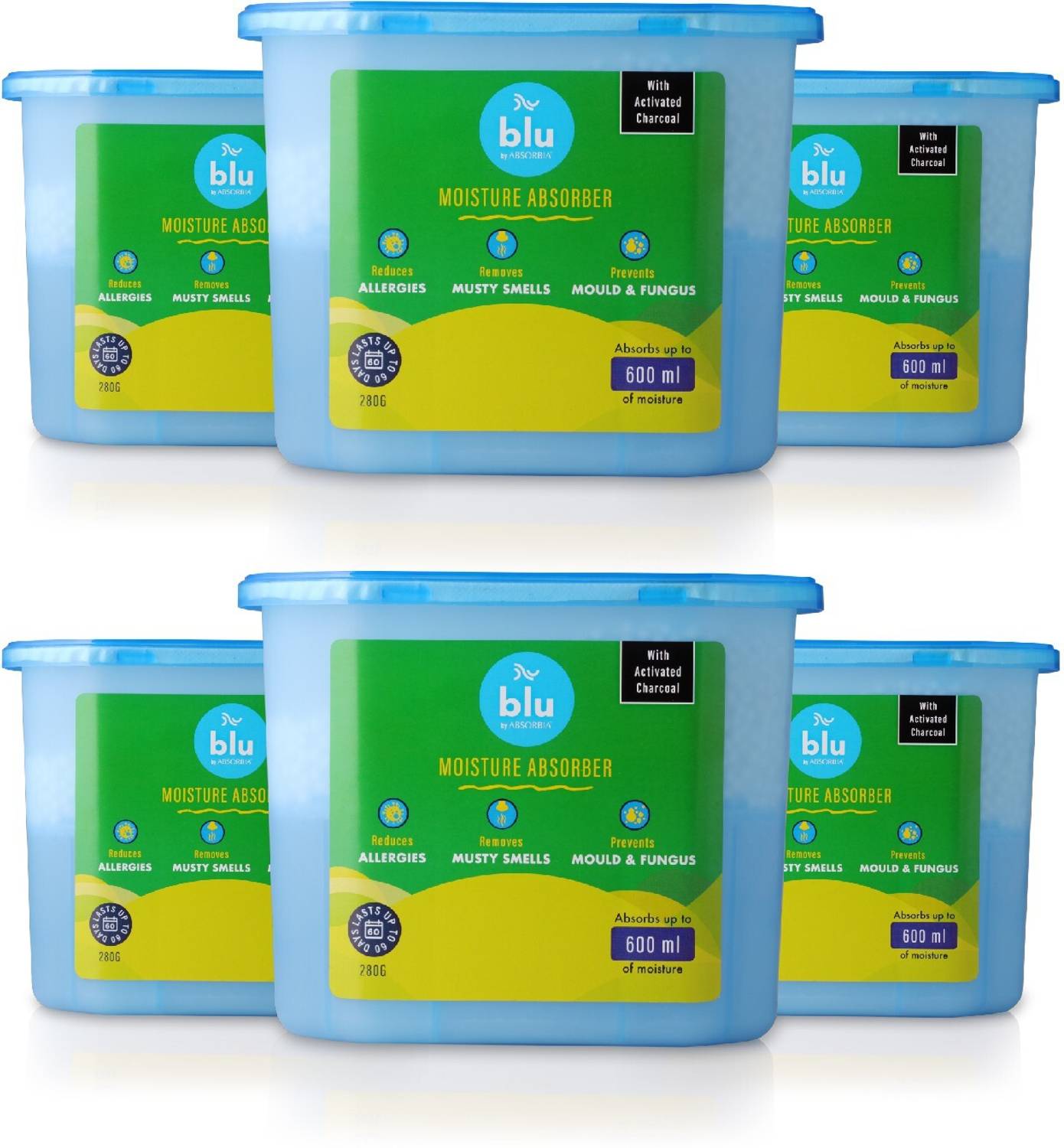 ABSORBIA Blocks Moisture Absorber with Activated Charcoal|Pack of 6 (280 g X 6 Boxes) | Absorbs 600ml each|Dehumidifier for Wardrobes & Closets | Fights Against Moisture, Mould, Fungus