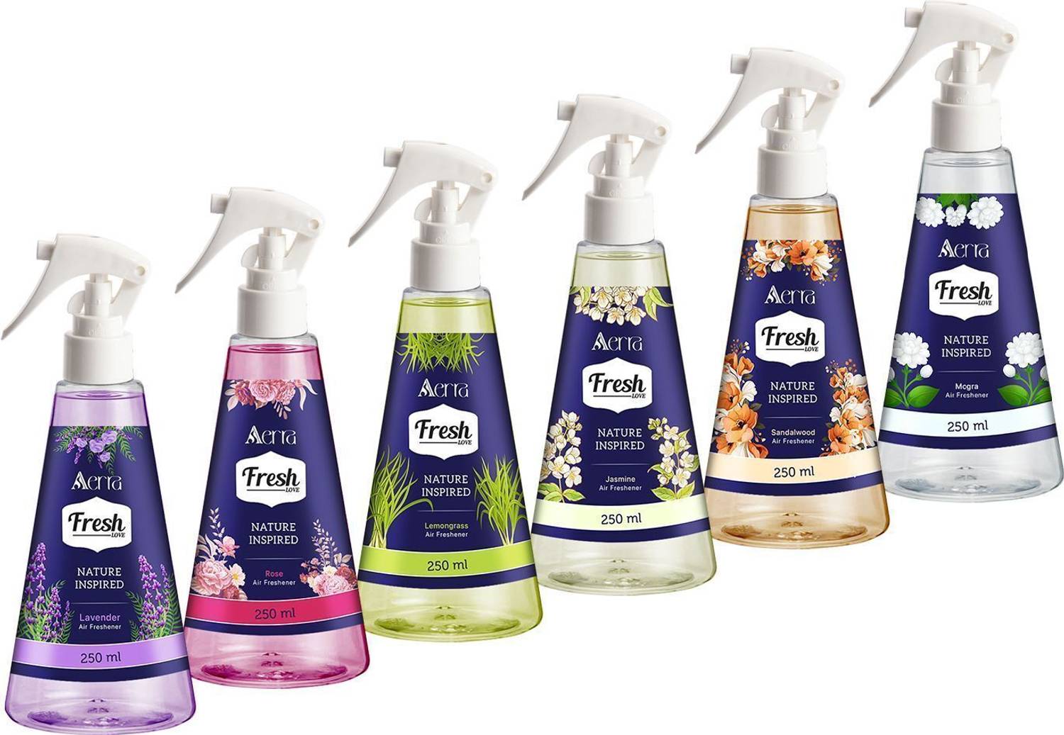 Aerra Lavender, Rose, Lemongrass, Jasmine, Sandalwood, Mogra Spray Air Freshener Spray Combo | Classic Indian Scents for Home, Car