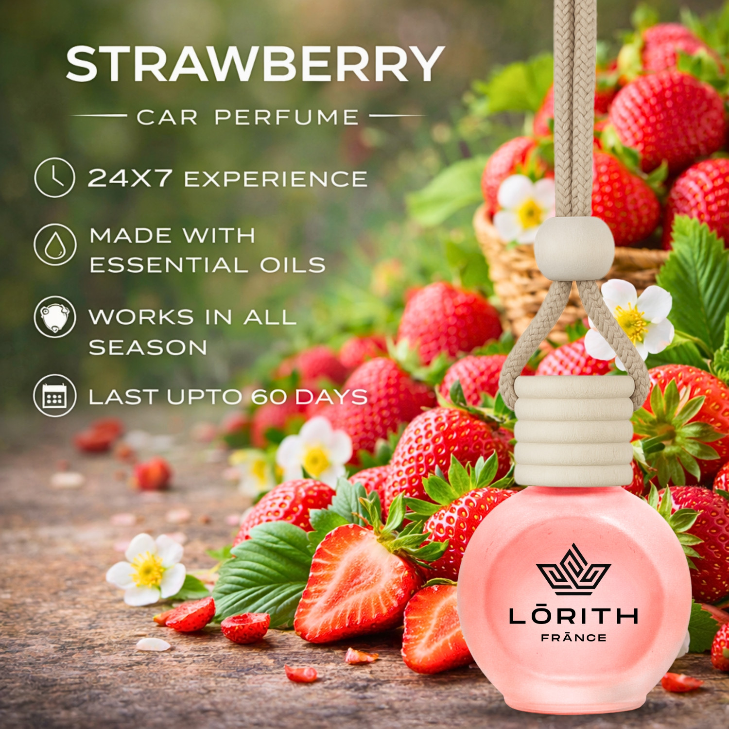 Image of Lorith France Strawberry Car Freshener Diffuser Car Perfume Combo Best Pack of 1 Premium Hanging Car Air Freshener (Strawberry) (15ML) Long Lasting Natural Essential Oil Glass Bottle Car Accessories