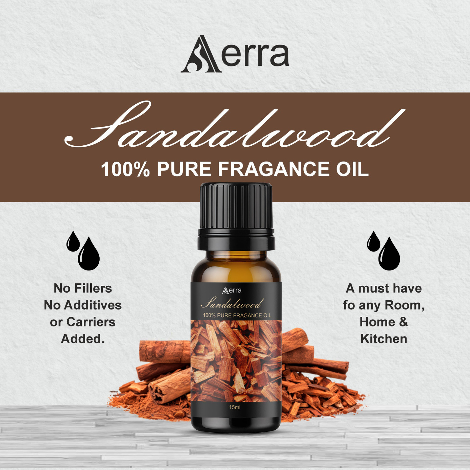 Image of Aerra Sandalwood Aroma Oil | Sandalwood (Chandan) Pure Fragrance Oil 15ml - Natural, Long-Lasting for Puja, Home