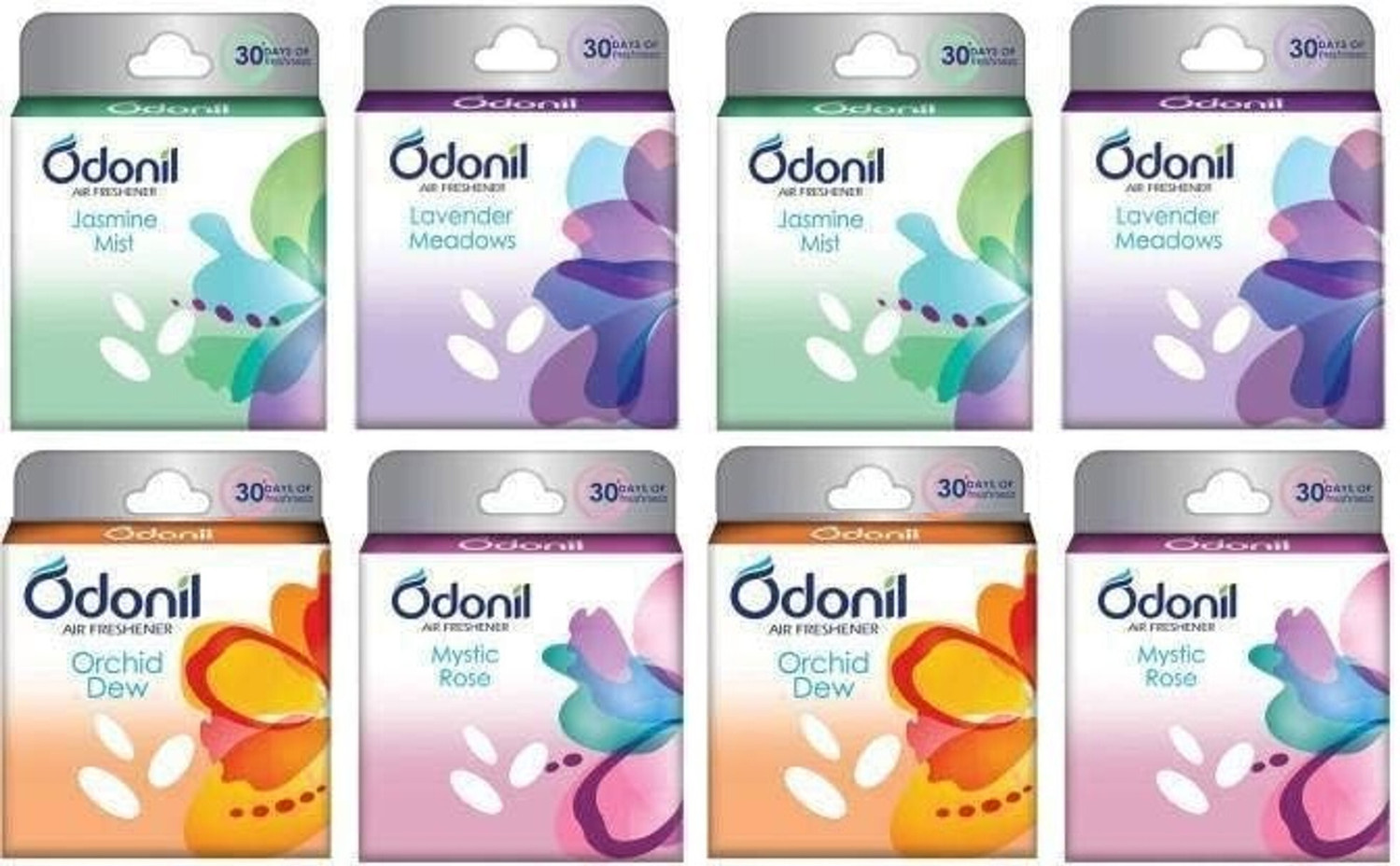 Image of Odonil mixed fragrance, Long Lasting Odour (8 x 50 g), Assorted Blocks(pack of 8) Car Freshener Blocks mixesd fragrance of rose, dew, lavender