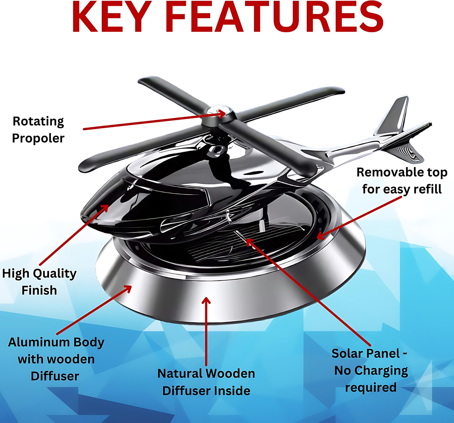 Image of GlowMyst Solar Car Rotating Helicopter Design Energy Aromatherapy Car Freshener Diffuser Solar Helicopter Car Air Freshener