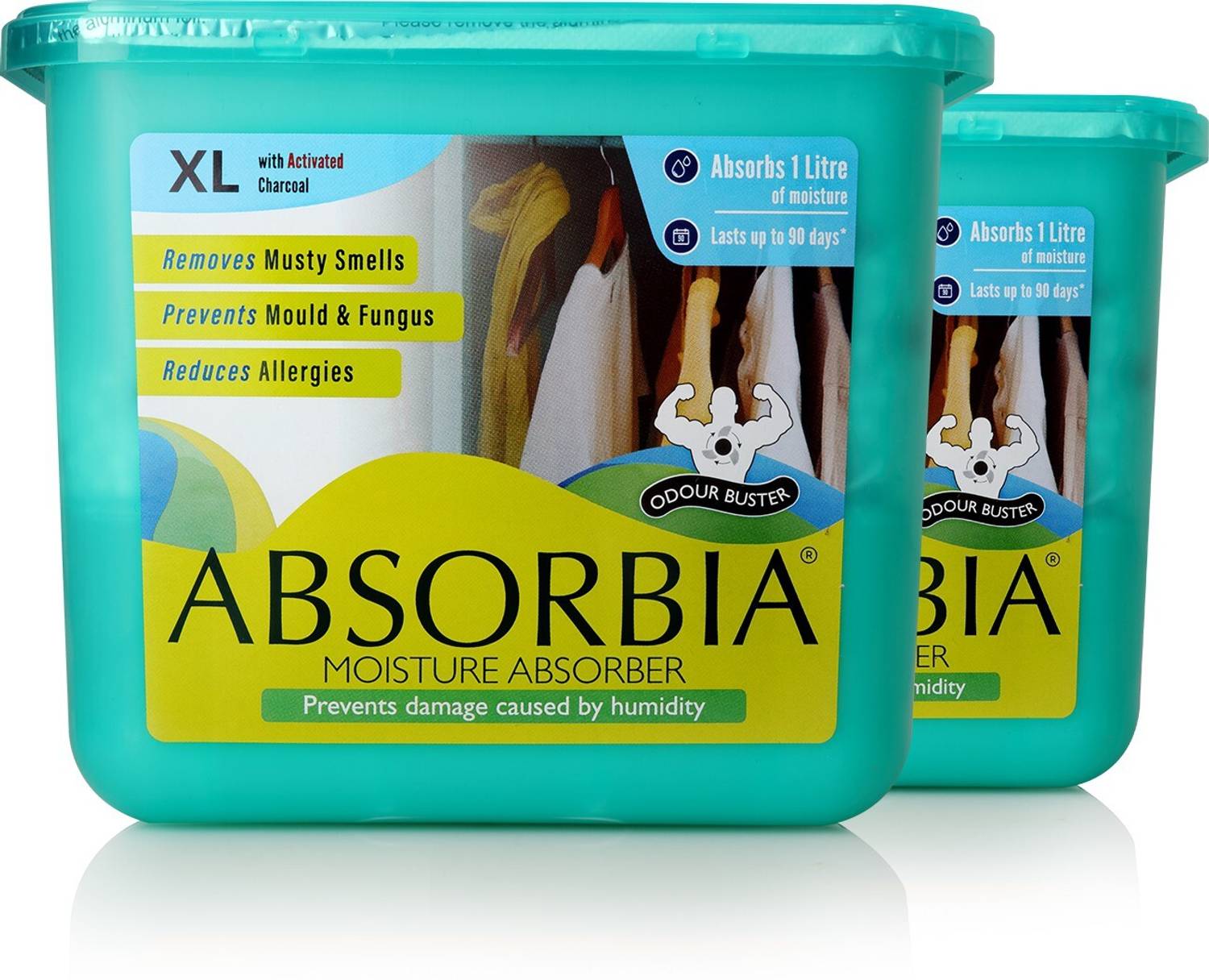 ABSORBIA Blocks Moisture Absorber XL with Activated Charcoal | Pack of 2 (450 g X 2 boxes) | 1L Absorbs|Dehumidifier for Rooms & Wardrobes|Fights Against Moisture, Mould, Fungus…