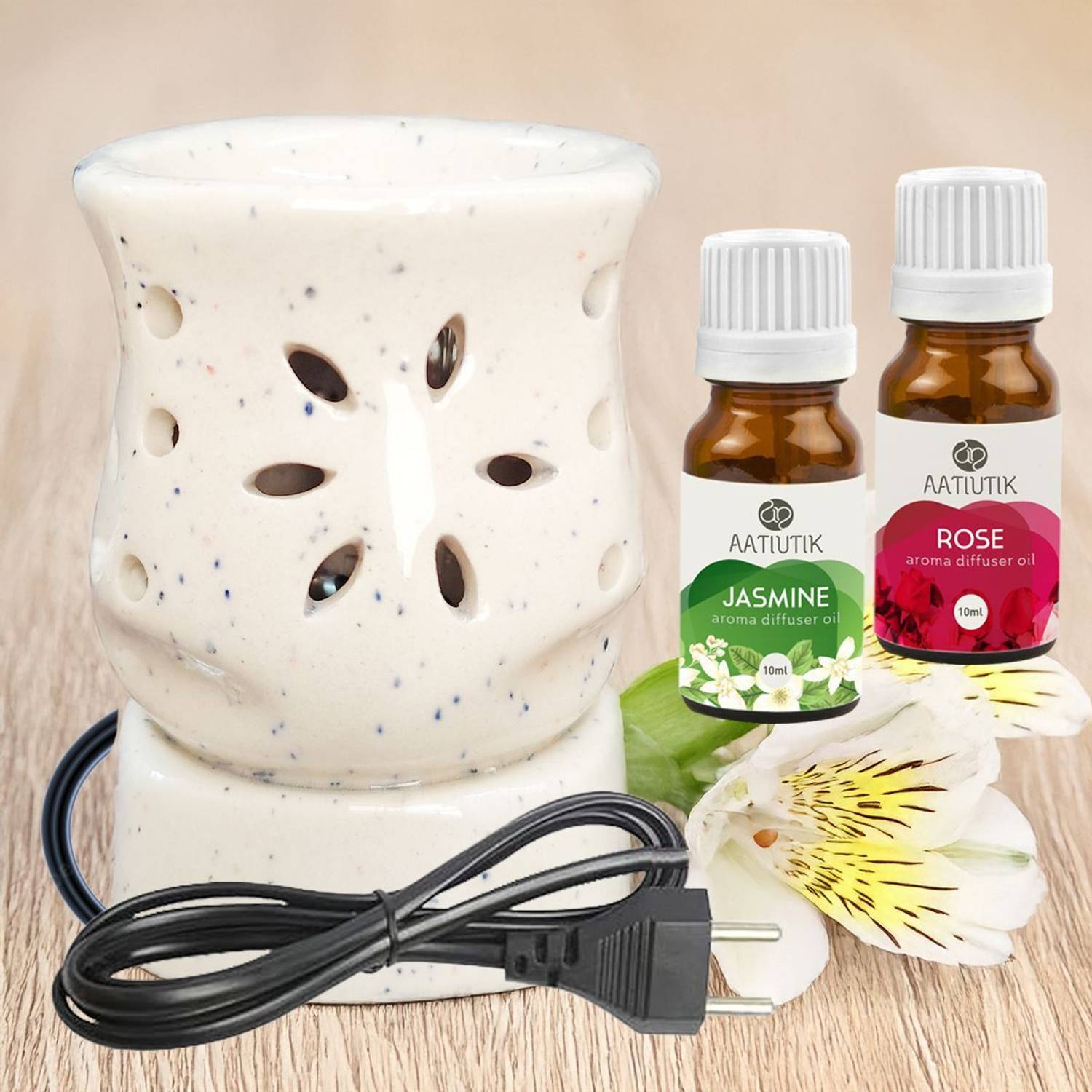 Aatiutik Jasmine, Rose Diffuser Handcrafted Ceramic Electric Diffuser with Fragrance Aroma Oils for Aromatherapy | Air Freshener | Camphor/Essential Oil Burner | Night Lamp Light