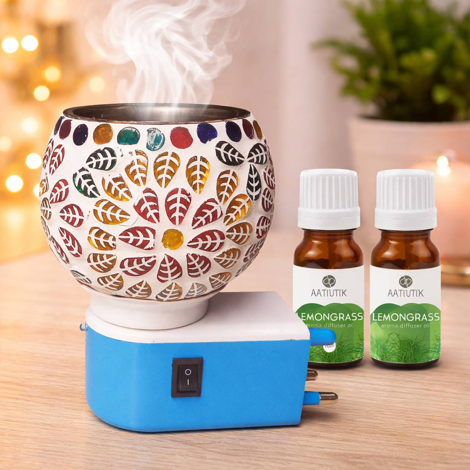 Aatiutik Lemongrass Fragrance Room Freshener Night Lamp Diffuser Set Electric Kapoor Dani Camphor Diffuser with Aroma Oil | Ceramic Essential Oil Burner with Steel Bowl on top | Plug-in Fragrance Diffuser for Home, Office & SPA, Hotel