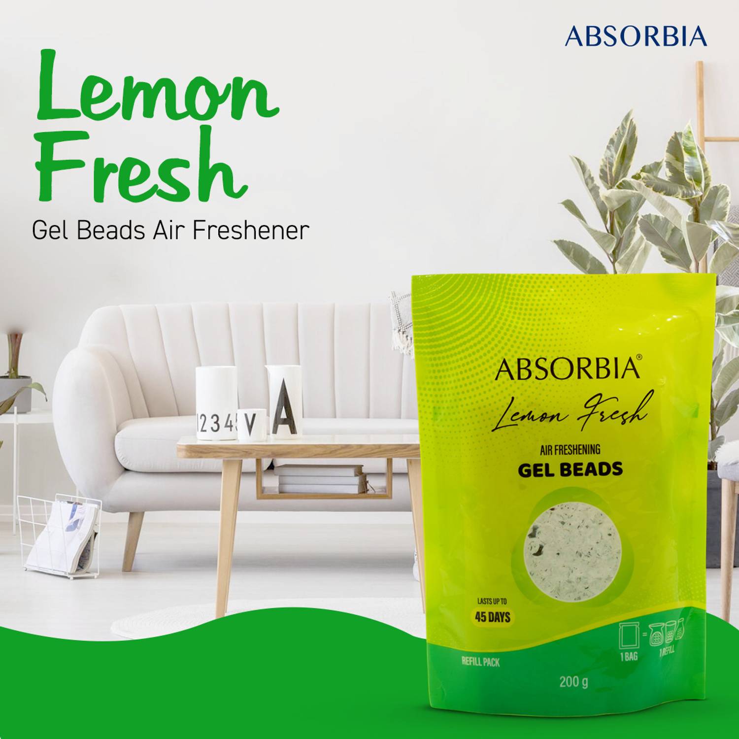 ABSORBIA Lemon Fresh, Gel Beads Air Freshener - 200g, with 8 ml Refill Fragrance Potpourri Lemon Fresh Gel Beads Air Freshener Refill Pack - 200g, Invigorating Citrus Bliss for 45 Days of Continuous Refreshment
