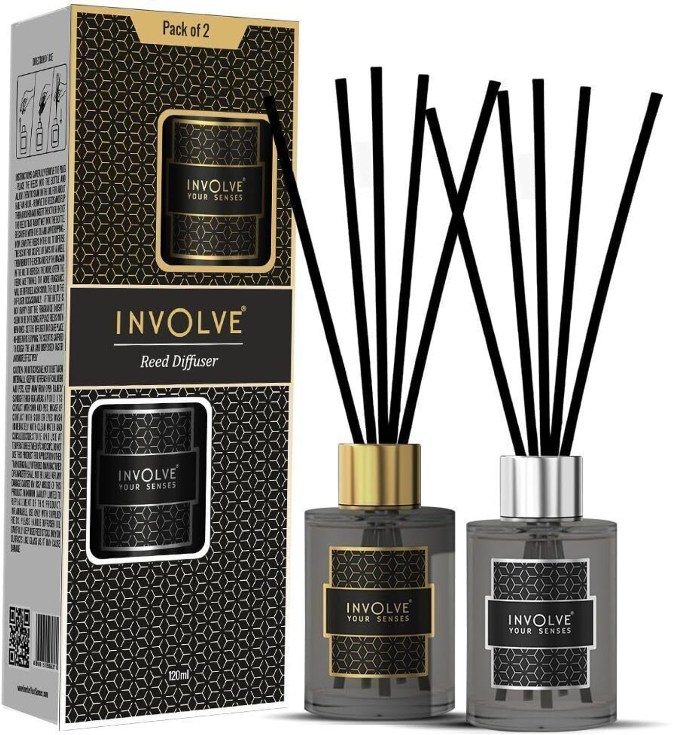 Image of Involve Elegance Reed Diffuser Set Pack of 2 -Golden Musk Glory and Silver Aqua - 120 ml Diffuser Set | Oil Diffuser with Free 10 Reed Sticks | Room Freshener for Home, Bedroom, Living Room & Office | Gifts Set