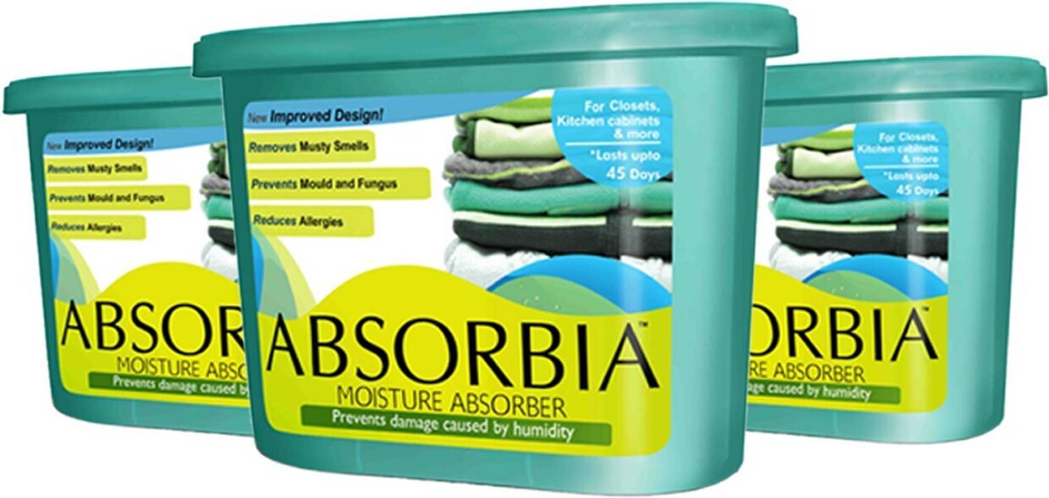 ABSORBIA Blocks Moisture Absorber | Classic (300 gms X 3 boxes)- Family Pack of 3 | Absorption Capacity 600ml Each|Dehumidier for Wardrobe etc| Fights Against Moisture, Mould, Fungus & Musty smells