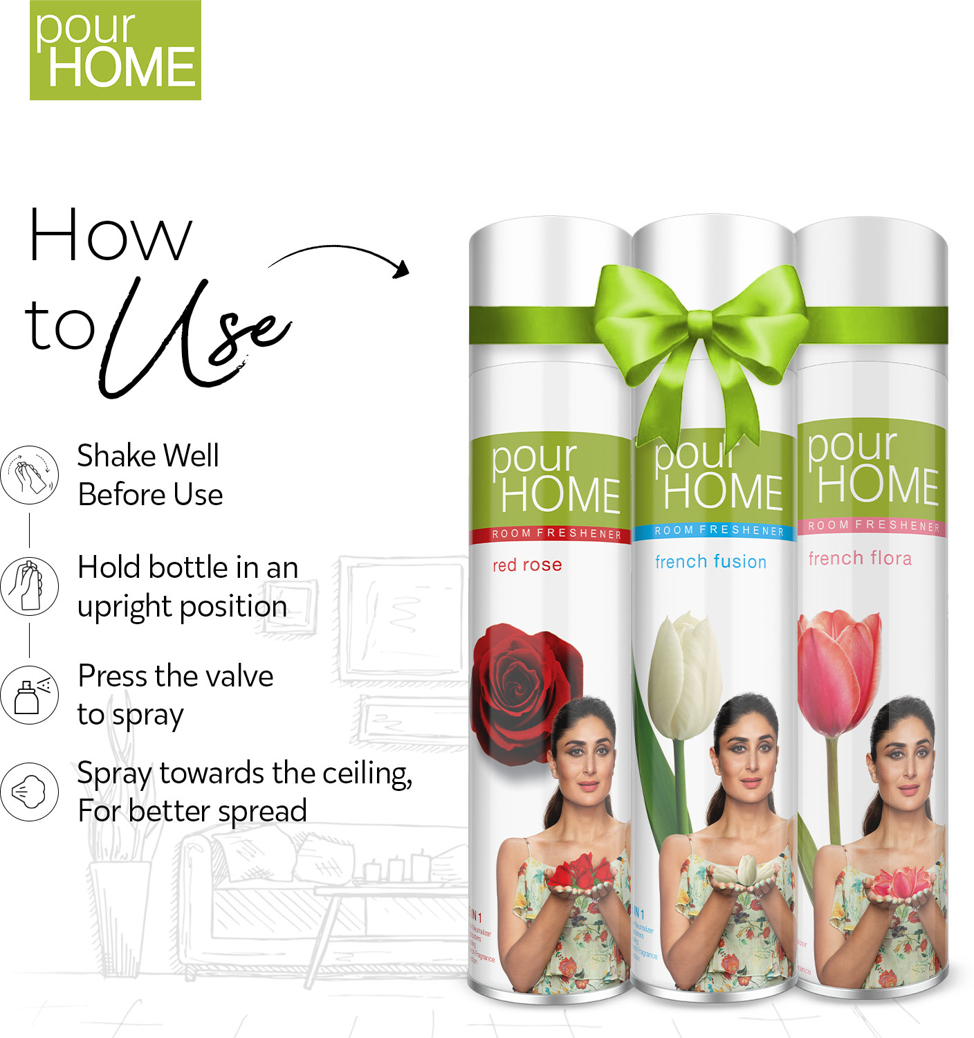 Image of POUR HOME French Flora, Red Rose & French Fusion Spray French Flora, Red Rose & French Fusion Room Freshener Combo