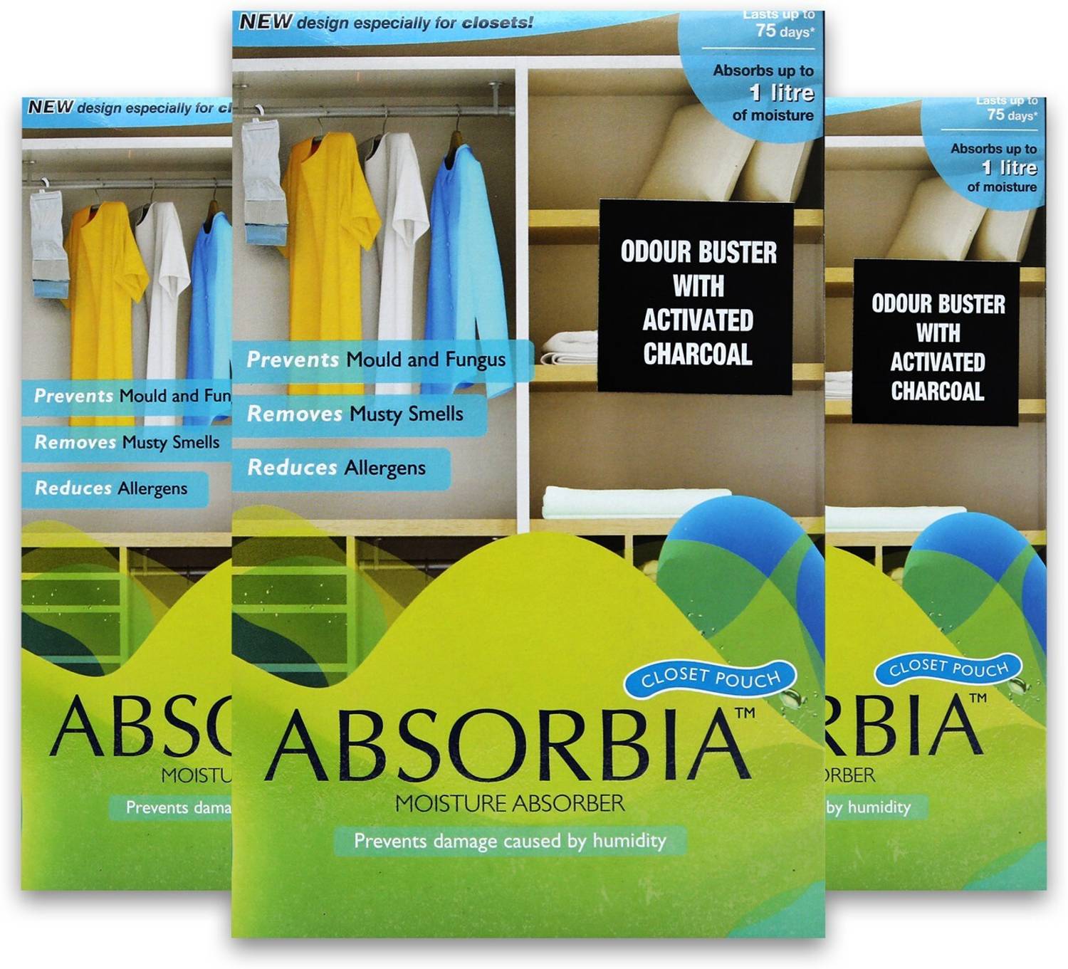 ABSORBIA Blocks Moisture Absorber Hanging Pouch with Activated Charcoal| Family Pack of 3 (440 gms X 3 pouches) | Absorption Capacity 1000ml Each| Dehumidifier for Wardrobe, Closet & Bathroom