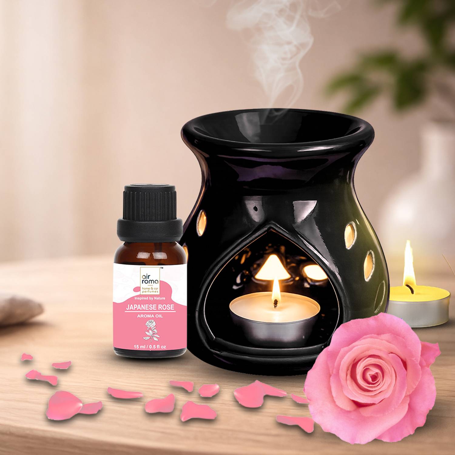 Airroma Japanese Rose Diffuser, Diffuser Set, Aroma Oil Ceramic Aroma Diffuser Oil Burner(Black) with 10ml Japanese Rose Diffuser Oil & 2 Pcs Candles
