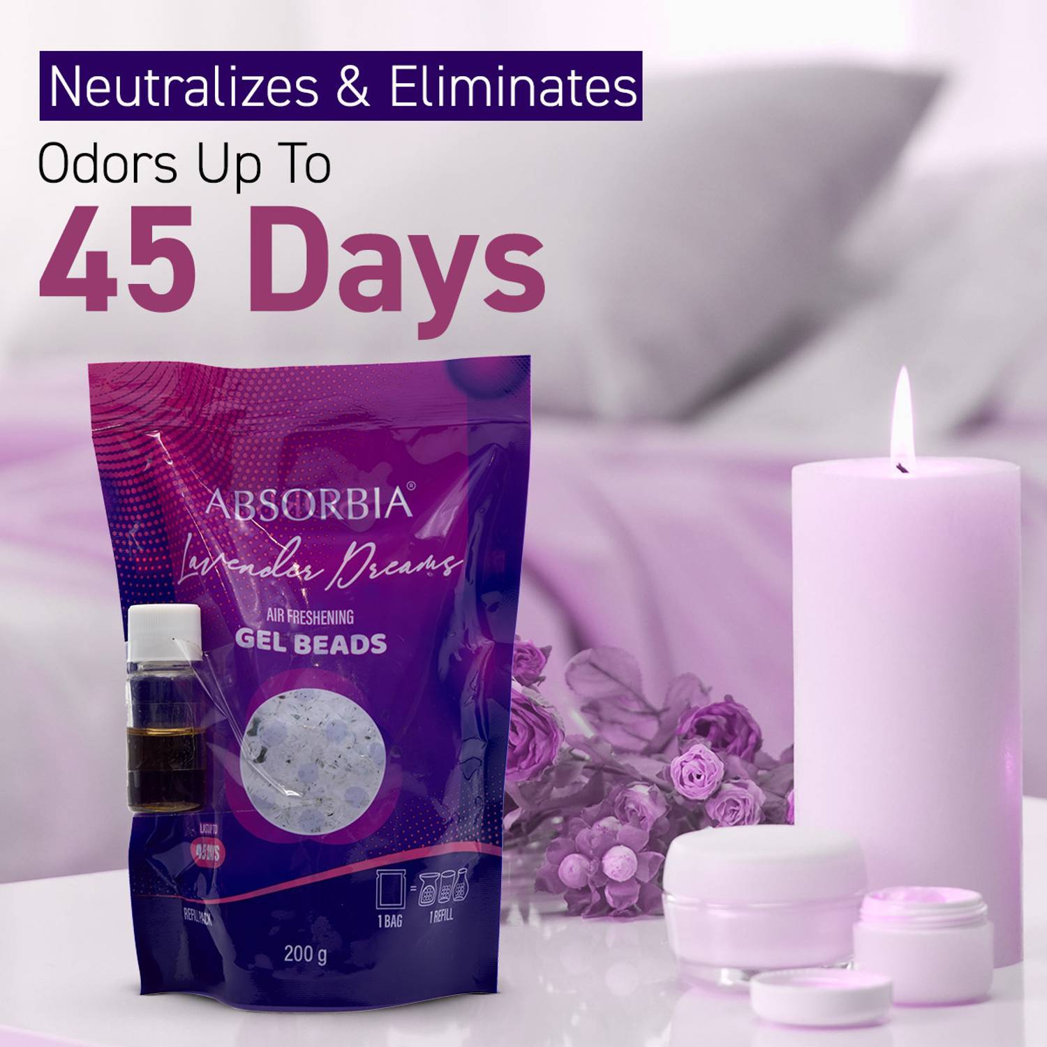 ABSORBIA Lavender, Gel Beads Air Freshener - 200g with 8 ml Fragrance Refill Potpourri Lavender Dreams Gel Beads Air Freshener Refill Pack - 200g, Enjoy 45 Days of Tranquil Fragrance Renewal