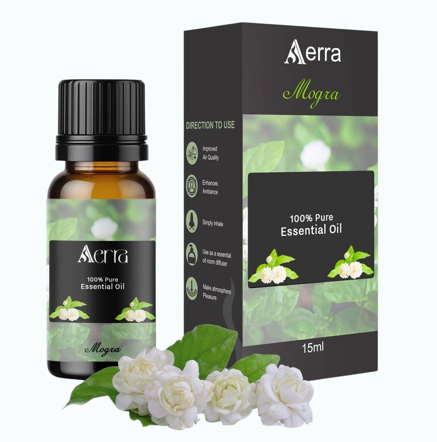 Aerra Mogra (Jasmine) Aroma Oil | Mogra (Jasmine) Essential Oil 15ml - 100% Pure Organic | Natural Air Freshener for Home, Car, Diffuser & Linen | Divine Mogra Scent