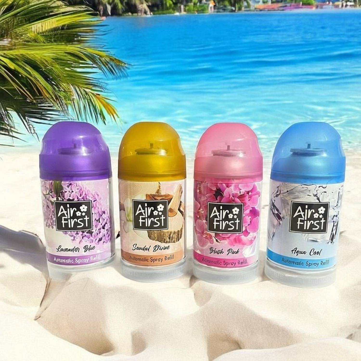 Air first AQUA, PINK BLUSH, LAVENDER, SANDAL COMBO PACK OF 4 PCS Automatic Spray AIR FRESHNER REFILL FOR AUTOMATIC SPRAY MACHINE PACK OF 4 PCS