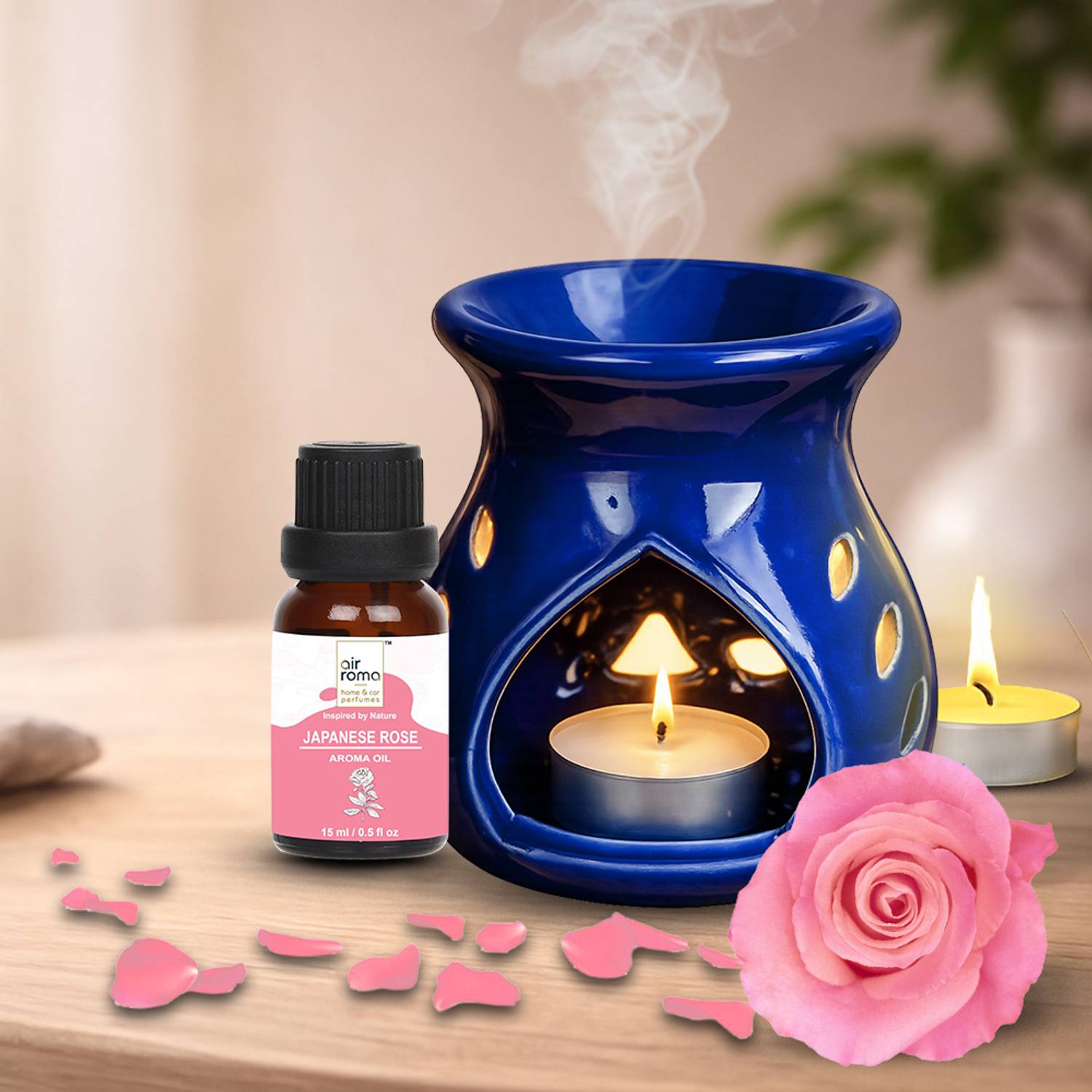 Airroma Ceramic Blue Aroma Burner/Diffuser with 10ml Rose oil & 2 Pcs Candles Candle