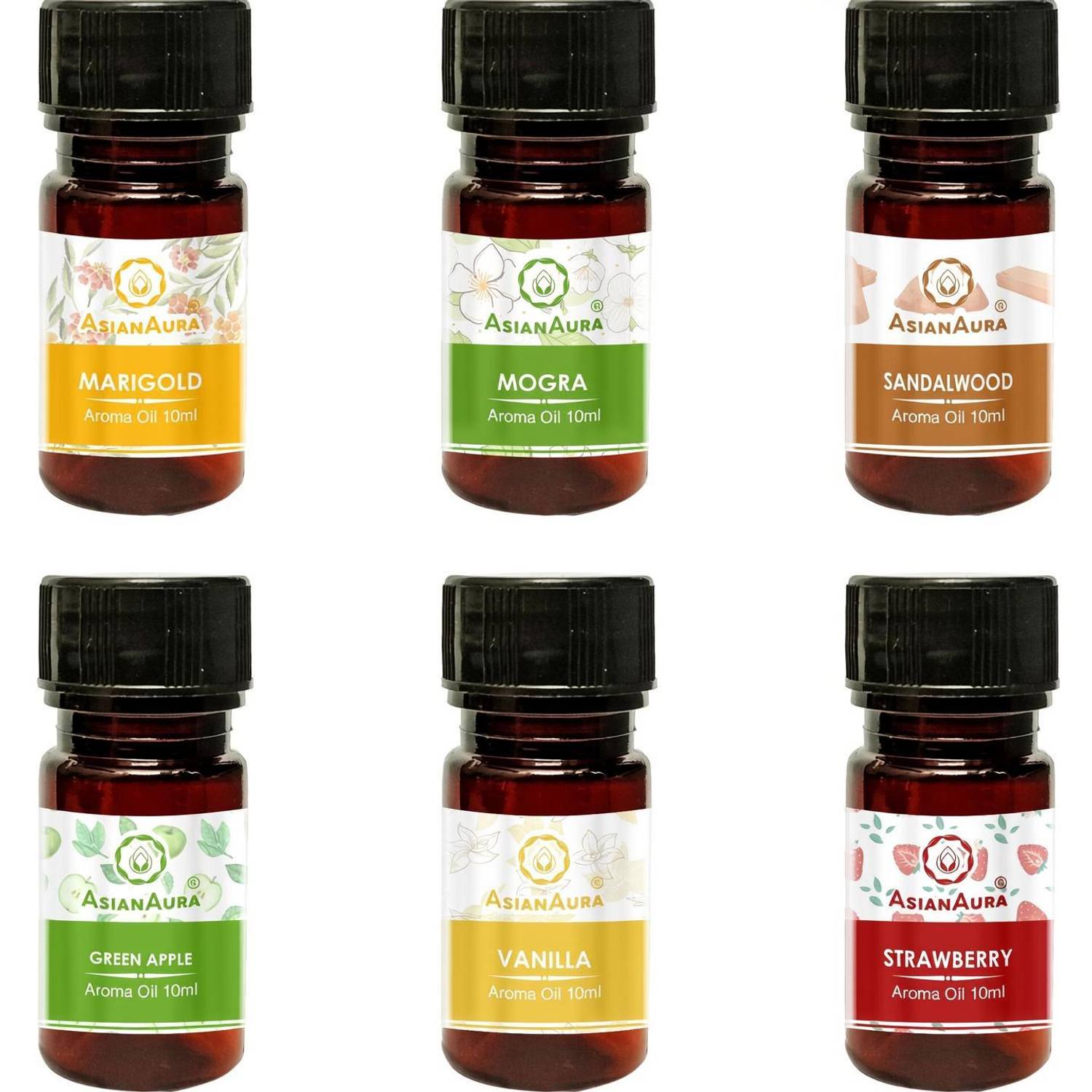 Asian Aura Marigold, Vanilla, Sandalwood, Mogra, Green Apple, Strawberry Aroma Oil 10ml each Aroma Diffuser Oil/ Burner Oil, pack of 12- 10ml, Marigold, Mogra, Sandalwood, Vanilla, Green Apple, Strawberry
