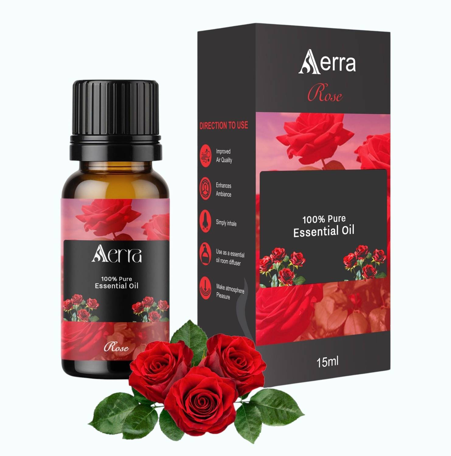 Aerra Rose Aroma Oil | Rose Essential Oil 15ml - 100% Pure Organic | Natural Air Freshener for Home, Car, Diffuser & Linen | Luxurious Floral Scent
