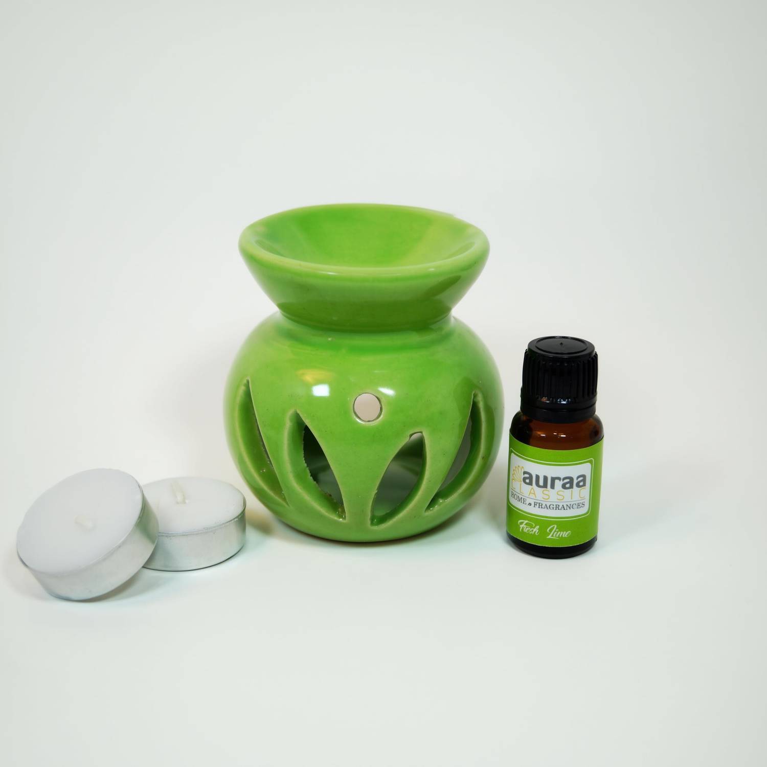 Asian Aura Aroma Gift Set Oil Burner Aroma Diffuser (Free 2 Tea Light Candles & 10 ml Fresh Lime Aroma Oil) Diffuser AAOB-019/18
