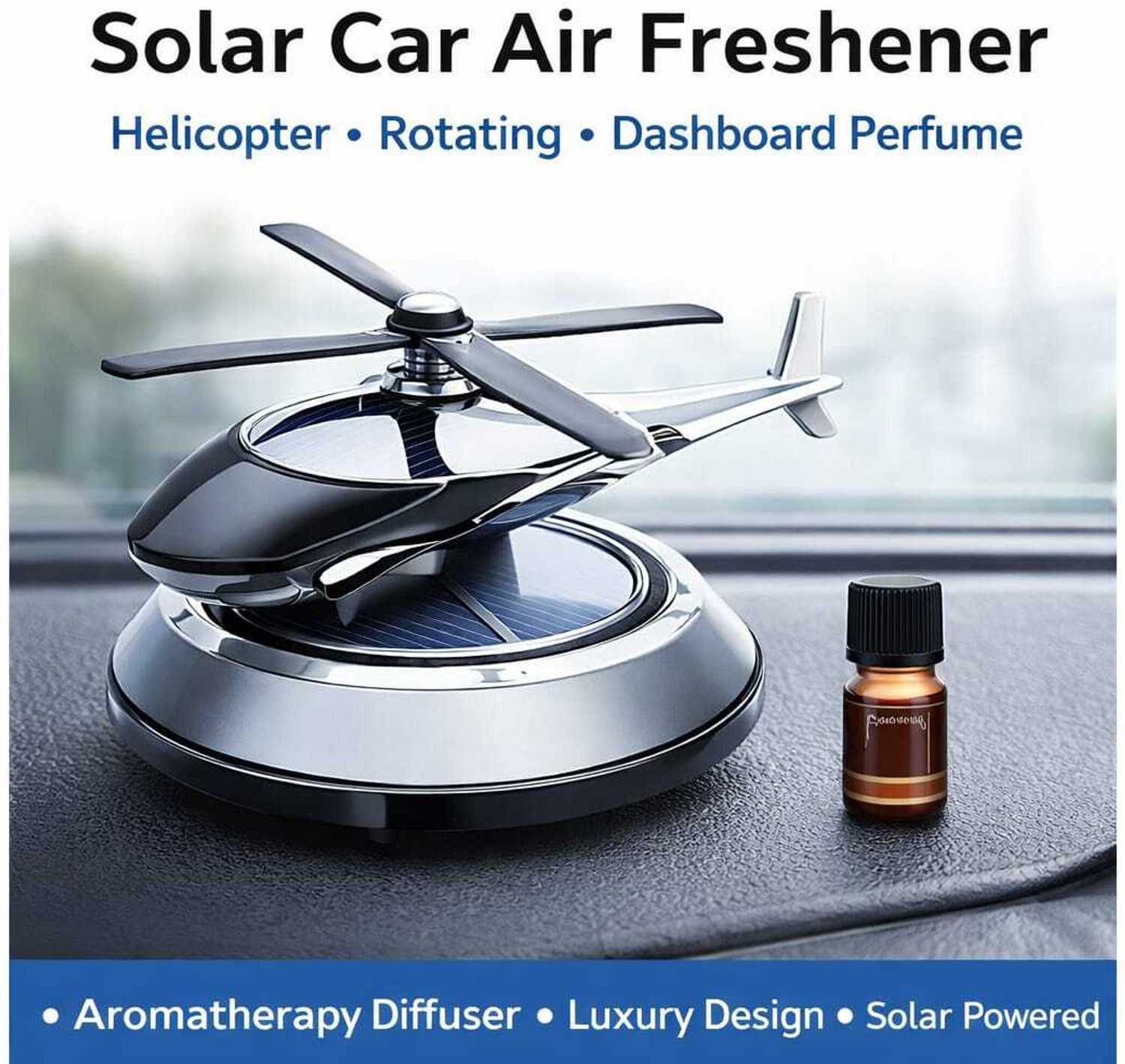 Image of SHOPSERO Solar Powered Rotating Helicopter Silver Black Car Air Freshener Car Freshener Diffuser Car Dashboard Aroma Diffuser Accessories Car Perfume
