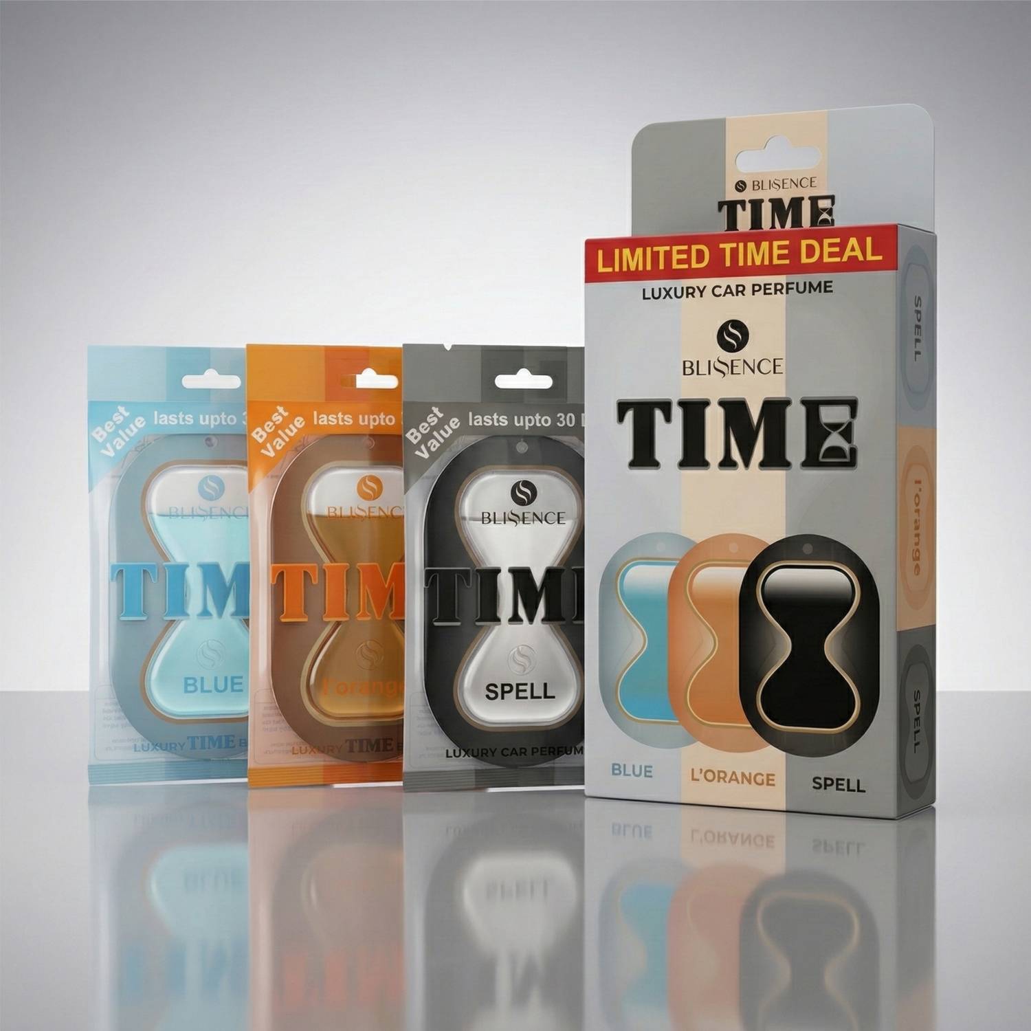 Blissence TIME Pack of 3 (Blue, Spell & l’orange) Car Hanging Perfume Diffuser | Long Lasting Premium Car Air Freshener | Luxury Hourglass Design | Car Interior Accessory