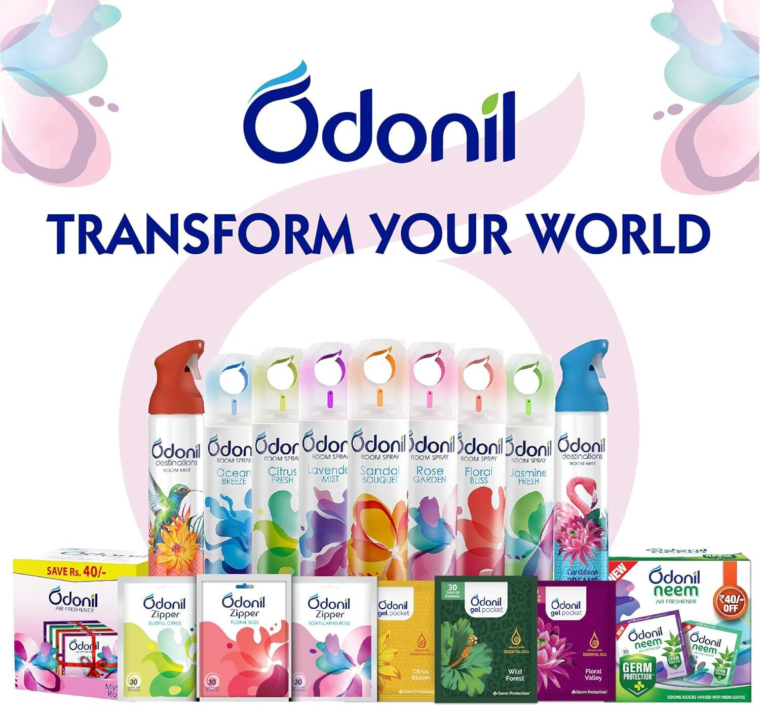 Image of Odonil Rose, Lavender, Jasmine, Dew Blocks Bathroom Air Freshener Lavender Meadows Freshness Pack