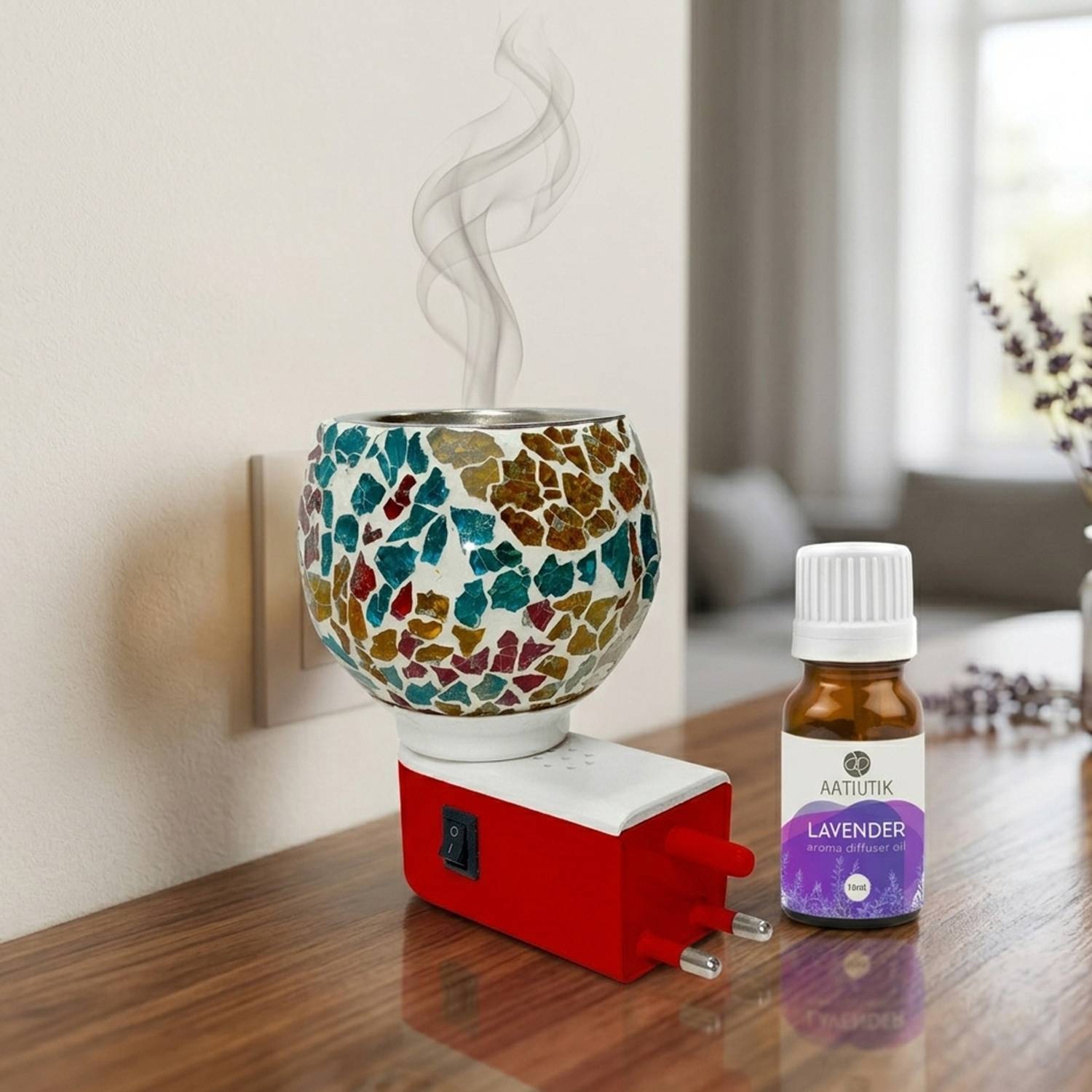 Aatiutik Lavender Fragrance Night Lamp with On/Off Switch Diffuser Set Electric Kapoor Dani Camphor Diffuser with Aroma Oil | Ceramic Essential Oil Burner with Steel Bowl on top | Plug-in Fragrance Diffuser for Home, Office & SPA, Hotel