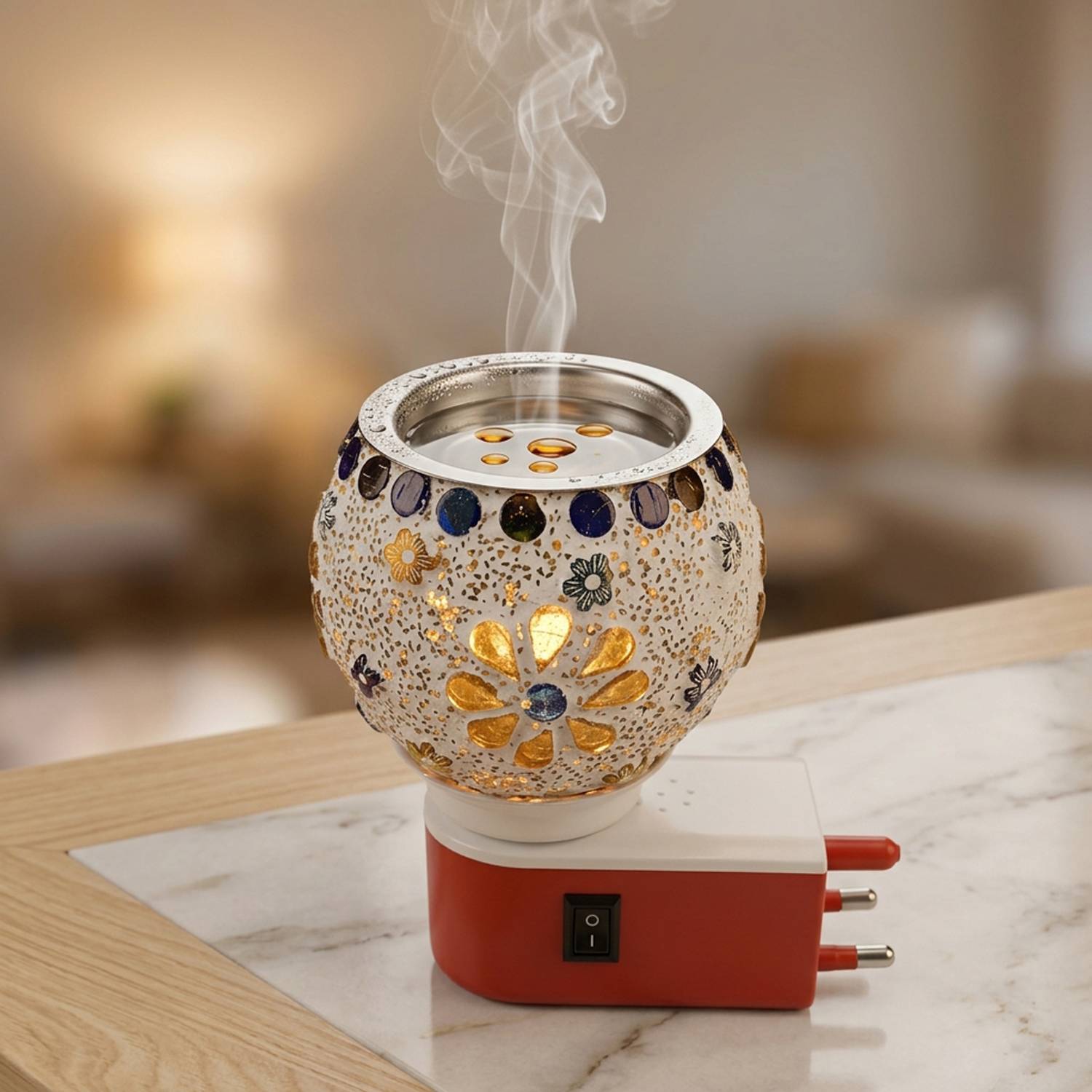 Aatiutik (Fragrance Oil not included -Only Diffuser) Diffuser Mosaic Glass Electric Kapoor Dani cum Aroma Diffuser & Night Lamp with On/Off Switch | Direct Plug-in Camphor Burner for Home, Office & Pooja (Multicolor)