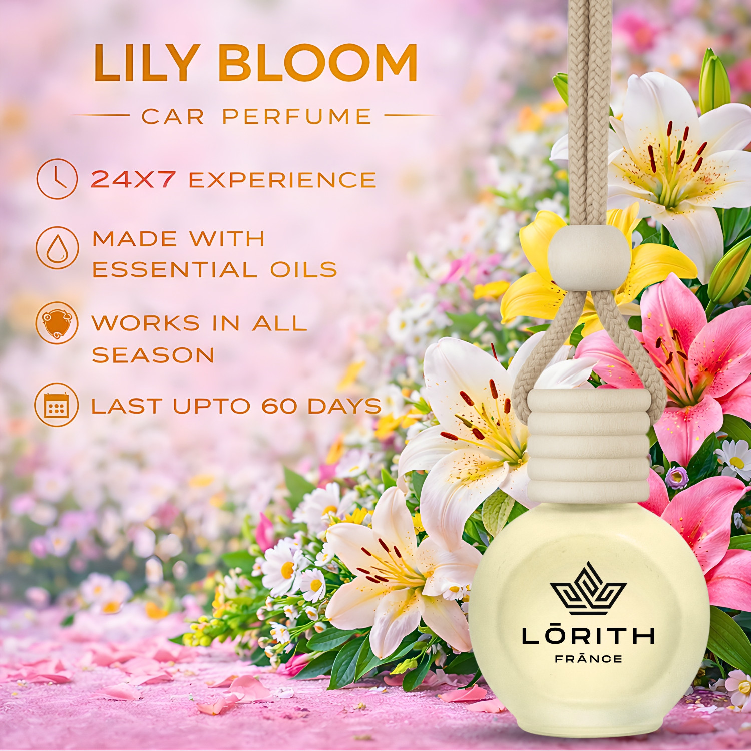 Image of Lorith France Lily Bloom Car Freshener Diffuser Car Perfume Combo Best Pack of 1 Premium Hanging Car Air Freshener (Lily Bloom) (15ML) Long Lasting Natural Essential Oil Glass Bottle Car Accessories