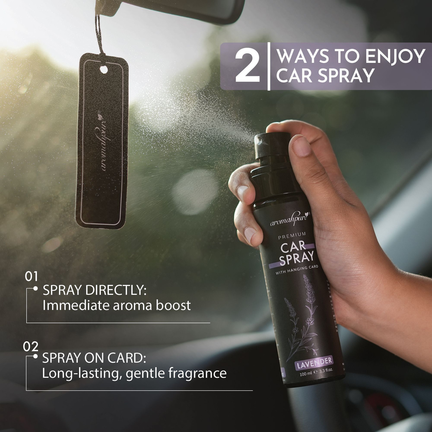 Image of Aromahpure Musk + Lavender Car Freshener Spray Premium Perfume Mist With Hanging Card |Long Lasting 800+ Sprays|Travel Friendly