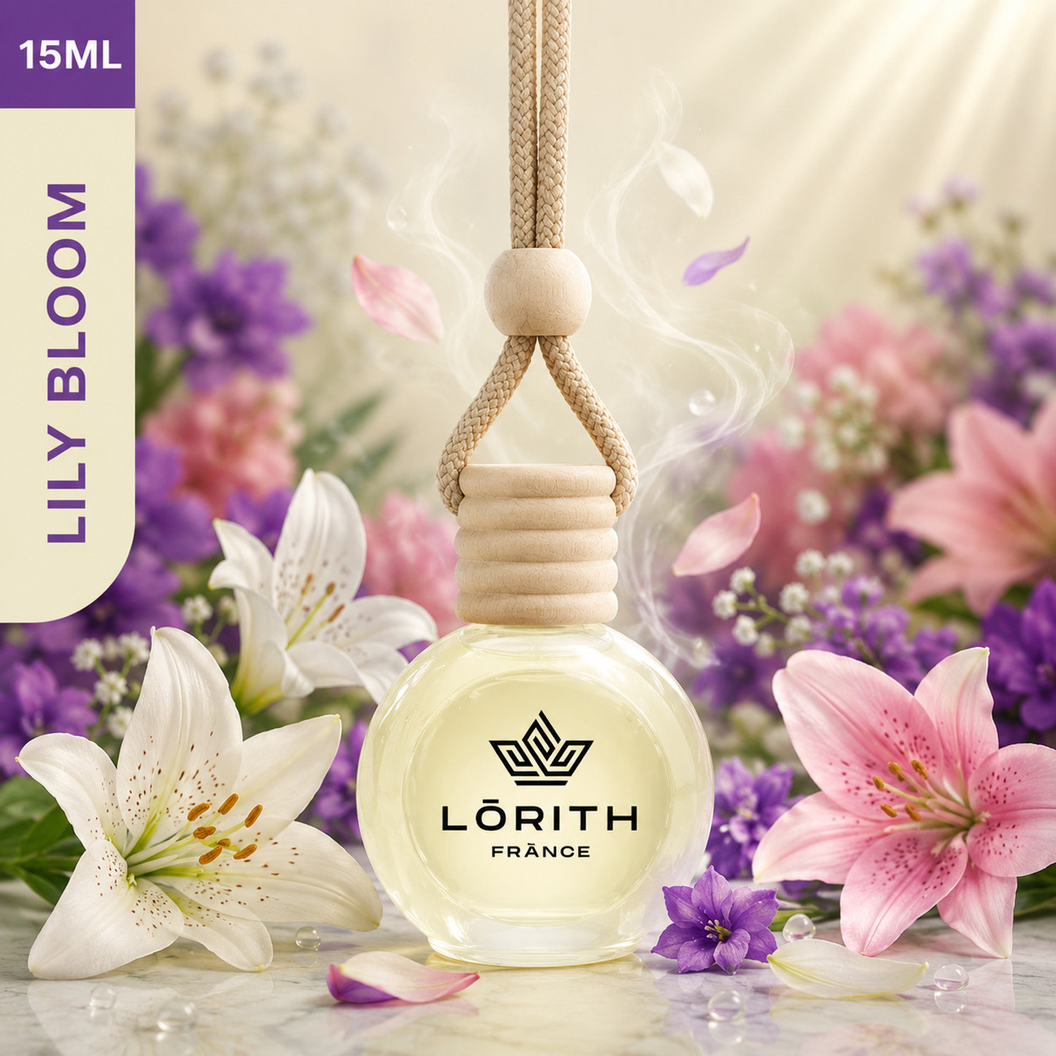 Image of Lorith France Lily Bloom Car Freshener Diffuser Car Perfume Combo Best Pack of 1 Premium Hanging Car Air Freshener (Lily Bloom) (15ML) Long Lasting Natural Essential Oil Glass Bottle Car Accessories