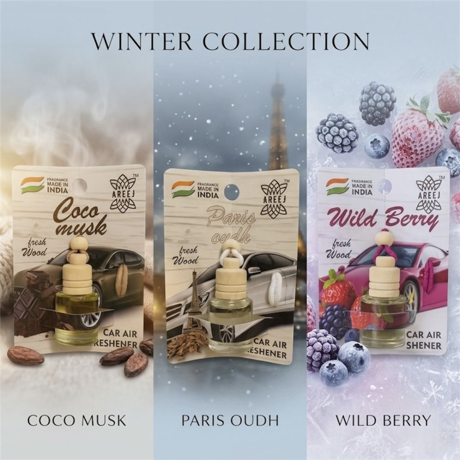 Image of AREEJ Winter Collection, Coco musk, Paris Oudh, Wild Berry, Car Perfume, Car Accessories Car Freshener Diffuser |Long Lasting |Car Hanging Accessories|Car hanging perfume Luxury Winter Car Fragrance