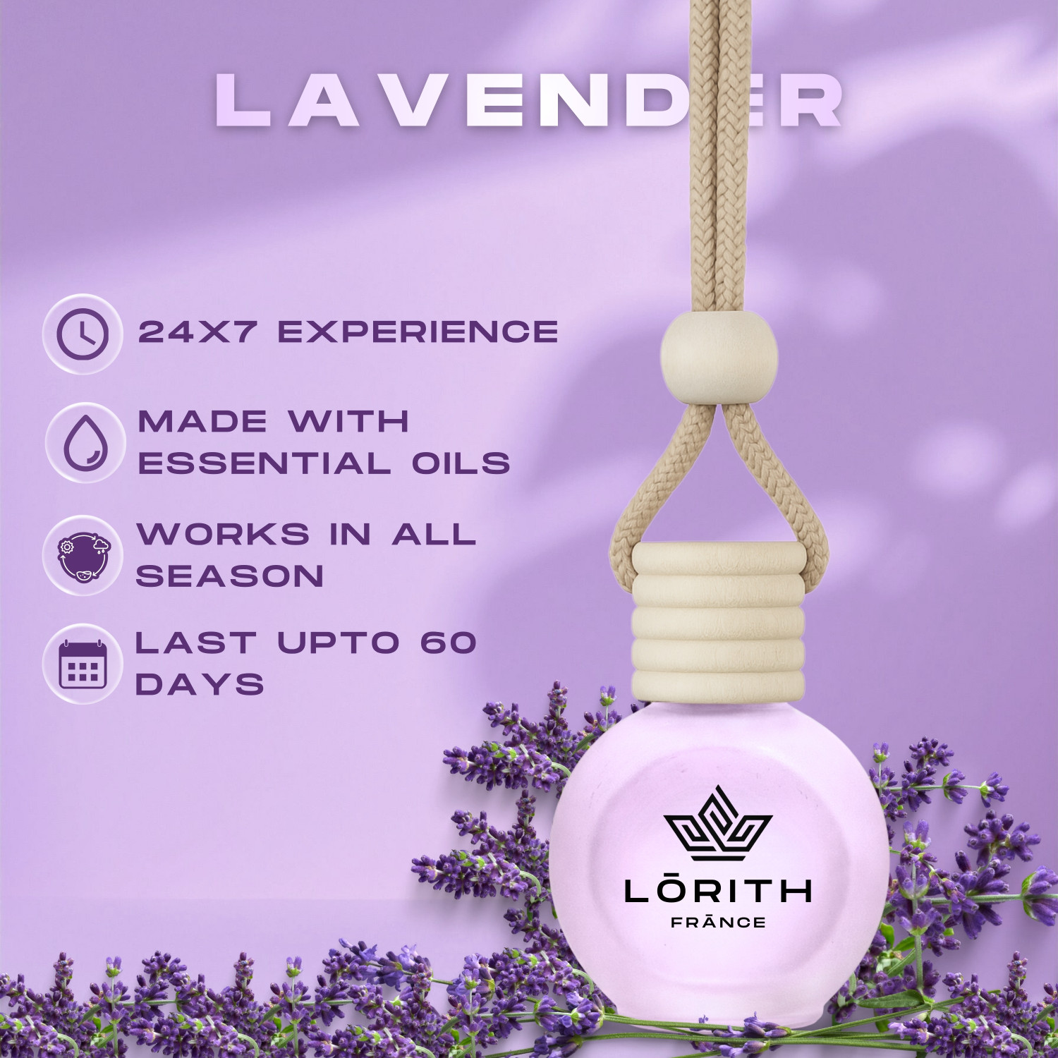 Image of Lorith France Lavender Car Freshener Diffuser Car Perfume Combo Best Pack of 1 Premium Hanging Car Air Freshener (Lavender) (15ML) Long Lasting Natural Essential Oil Glass Bottle Car Accessories