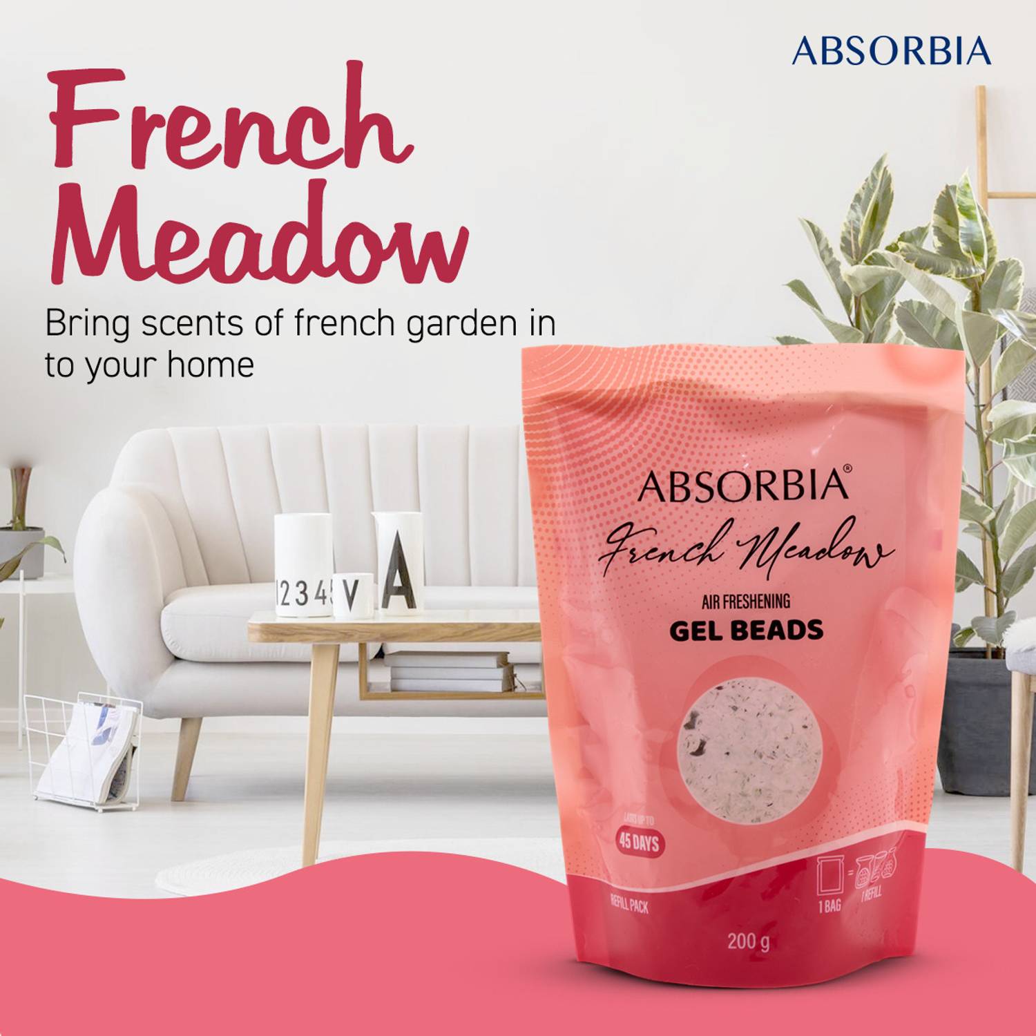 ABSORBIA French Meadow, Gel Beads Air Freshener: 200g, With 8 ml extra Refill Fragrance Potpourri Gel Beads Air Freshener: 200g French Meadow Fragrance - Long-lasting 45 Days Refill Pack for a Breath of Fresh Elegance…