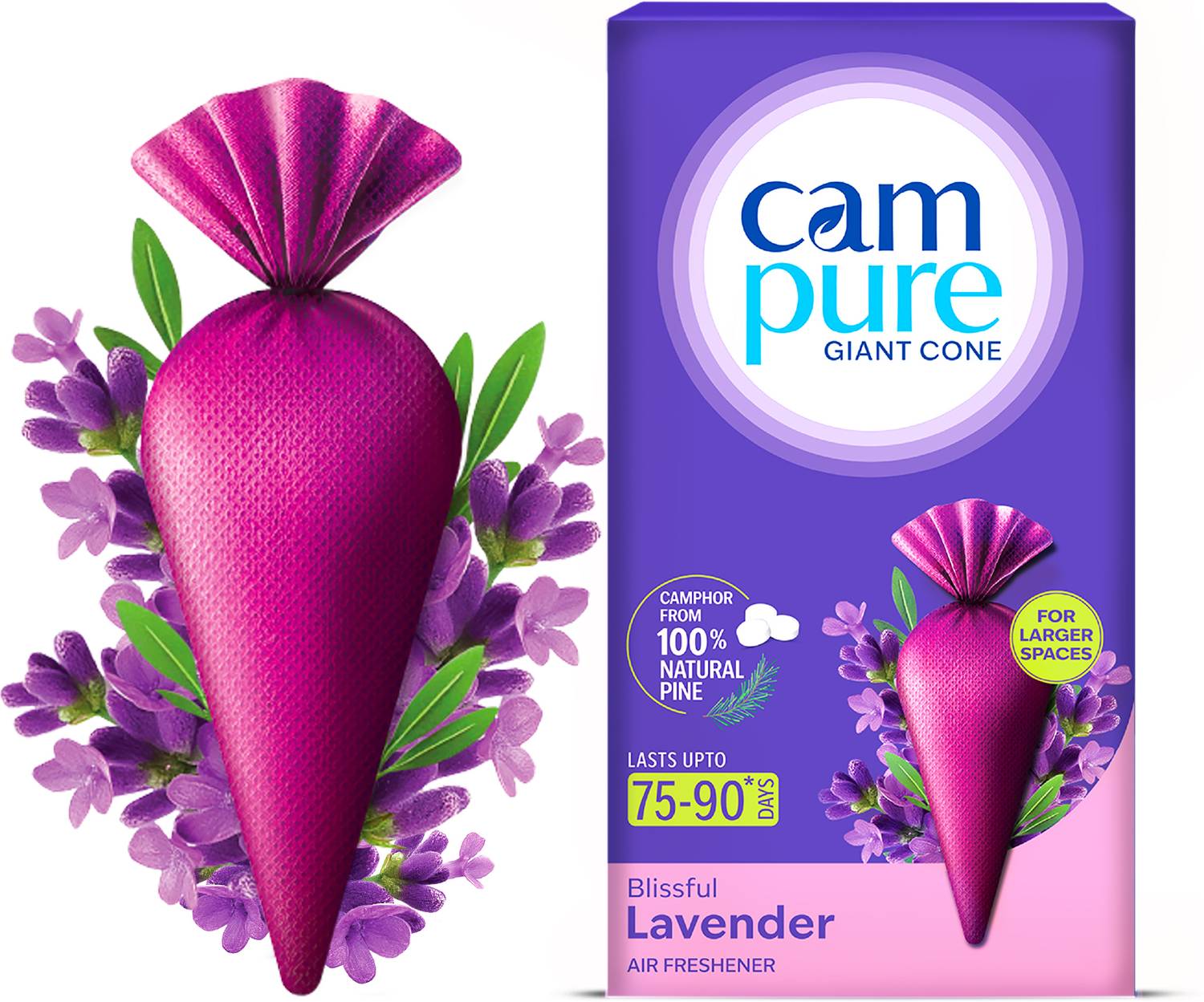 CamPure Camphor Giant Cone (Lavender) Pack of 1 - Room, Car and Air Freshener Potpourri Giant Lavender Cone Air Freshener | Calming Fragrance | Elevates Mood | Preserves Fabrics