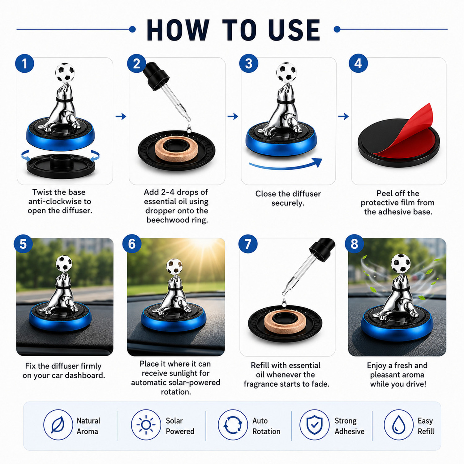 Image of evaaenterprises Fresh Aroma Oil, Diffuser Solar powered car freshener aroma fragrance
