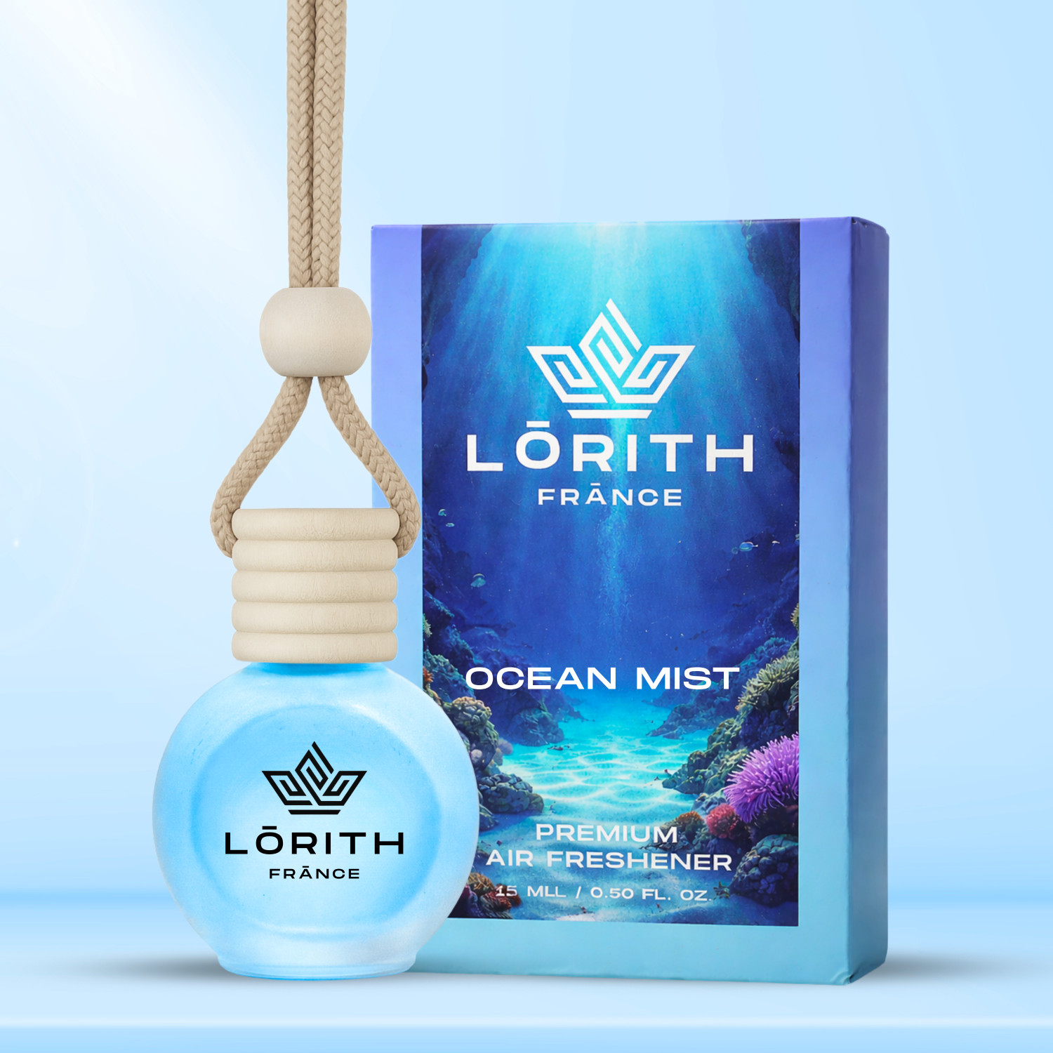 Image of Lorith France Ocean Mist Car Freshener Diffuser Car Perfume Combo Best Pack of 1 Premium Hanging Car Air Freshener (Ocean Mist) (15ML) Long Lasting Natural Essential Oil Glass Bottle Car Accessories