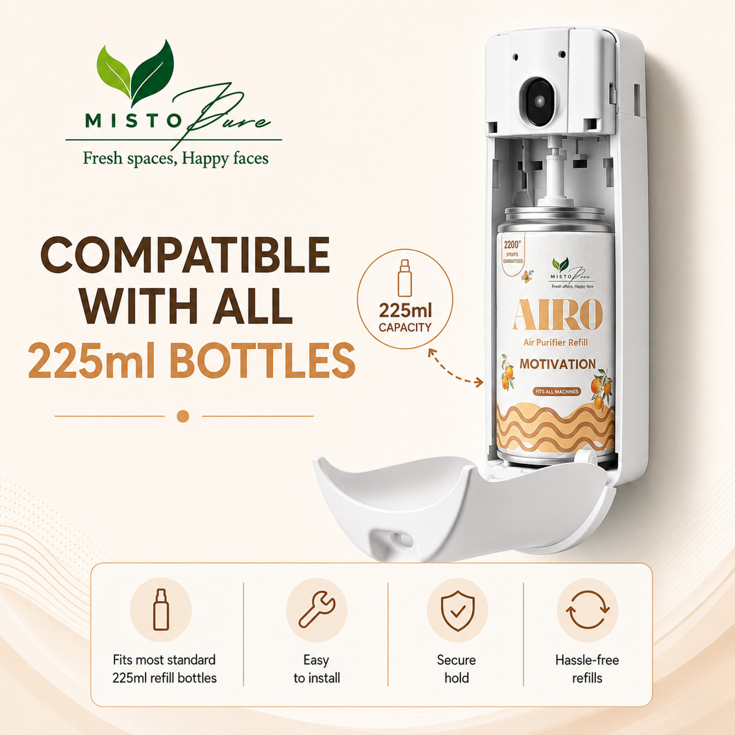 Image of mistopure Motivation Automatic Spray AIRO MATIC Air Freshener Kit (Machine + 1 Refill) - Automatic Room Freshener with Adjustable Spray Timer | Motivation | Upto 2200 Sprays | Lasts up to 60 days
