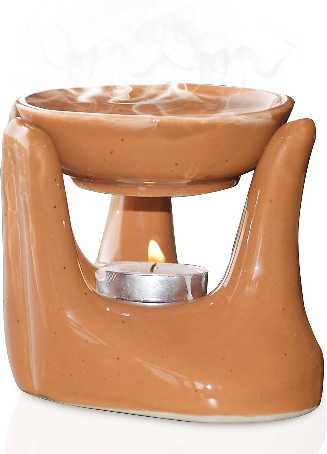 Image of LANDSLIDE Ceramic Hand Type Aroma, Burner with 1 Tea Light, Candle, Orange 4.25 Inch Diffuser Set PSI-HANDTYPE-ORANGE-FC