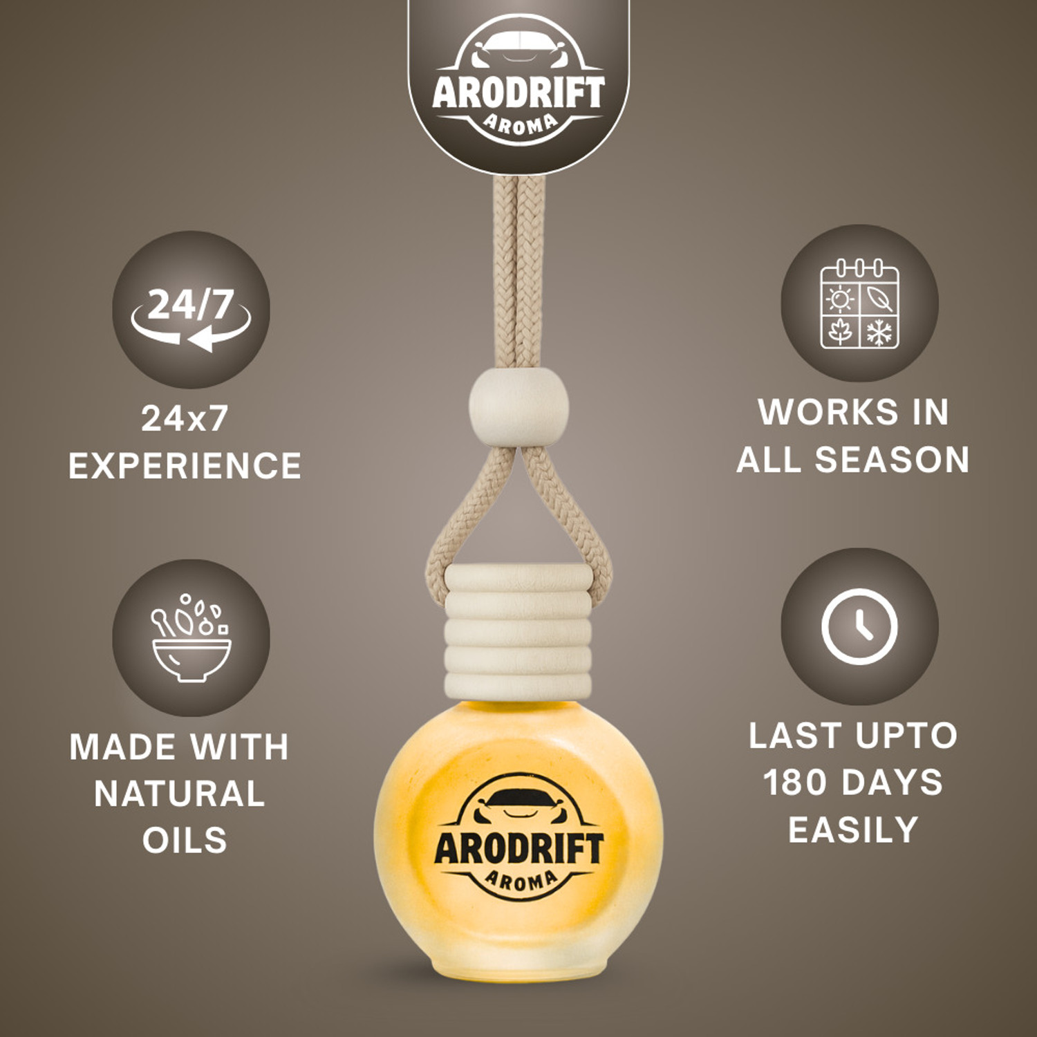 Image of AroDrift Royal Oud, Golden Wood, Garden Bloom, Lemon Rush, Jasmine Rose, Horizon Mist Car Freshener Diffuser Premium Hanging Car Perfume | Royal Oud, Golden Wood, Garden Bloom, Lemon Rush, Jasmine Rose| 15ML X 6 Bottle
