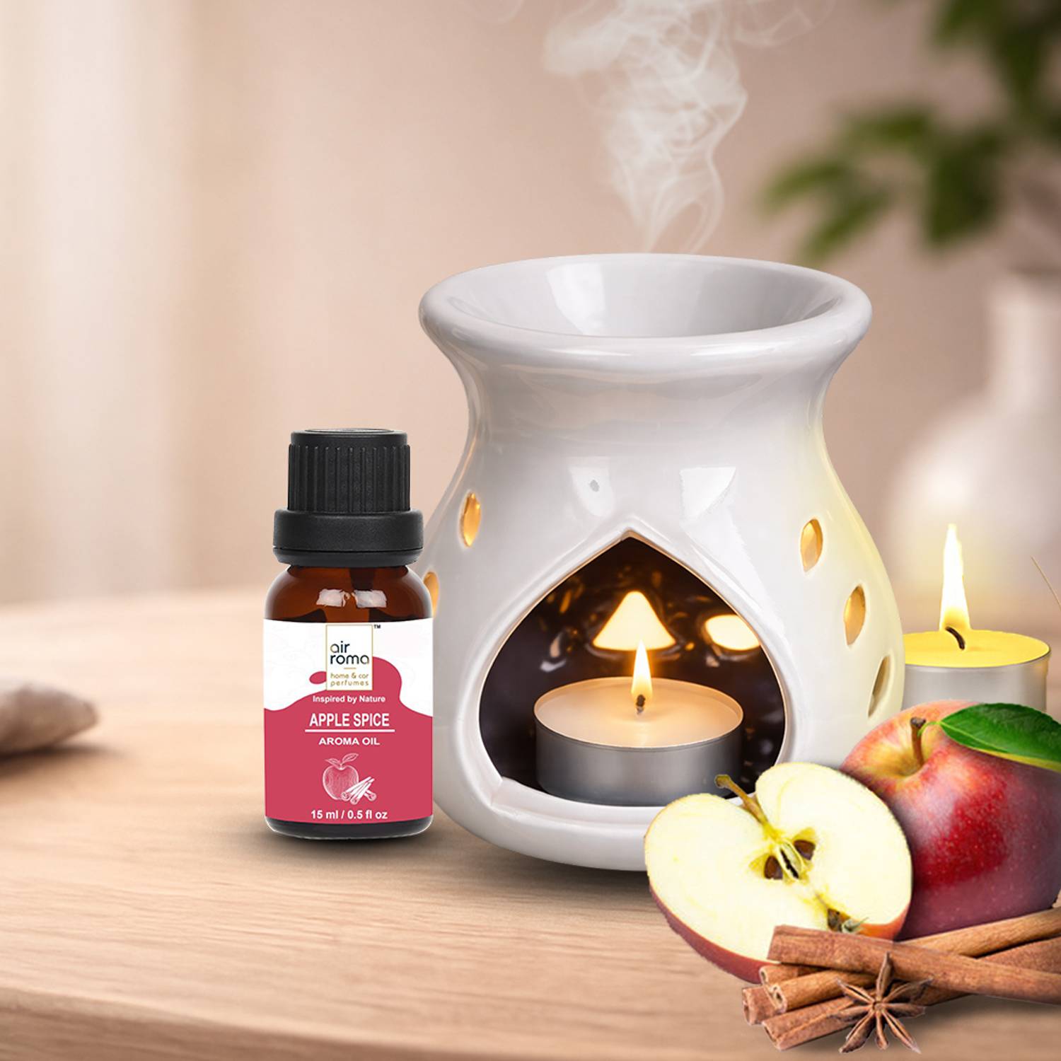 Airroma Apple Spice Diffuser, Diffuser Set, Aroma Oil Ceramic Aroma Diffuser Oil Burner(White) with 10ml Apple Spice Diffuser Oil & 2 Pcs Candles