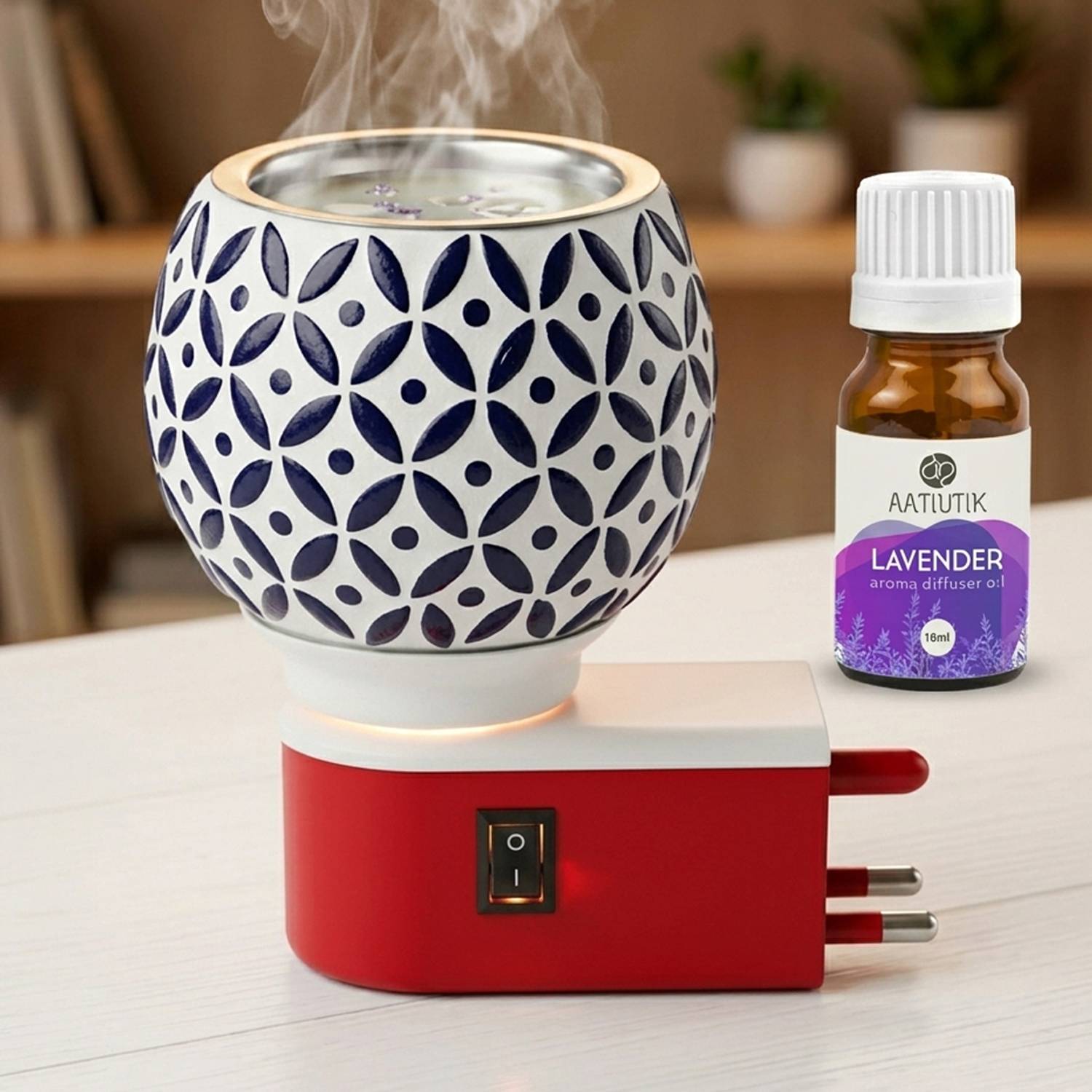 Aatiutik Lavender Fragrance Air Freshener Diffuser Set Electric Kapoor Dani Camphor Diffuser with Ceramic Bowl | Plug-in Aroma Oil Burner & Essential Oil Diffuser | Air Freshener for Home, Puja Room, Office & Meditation