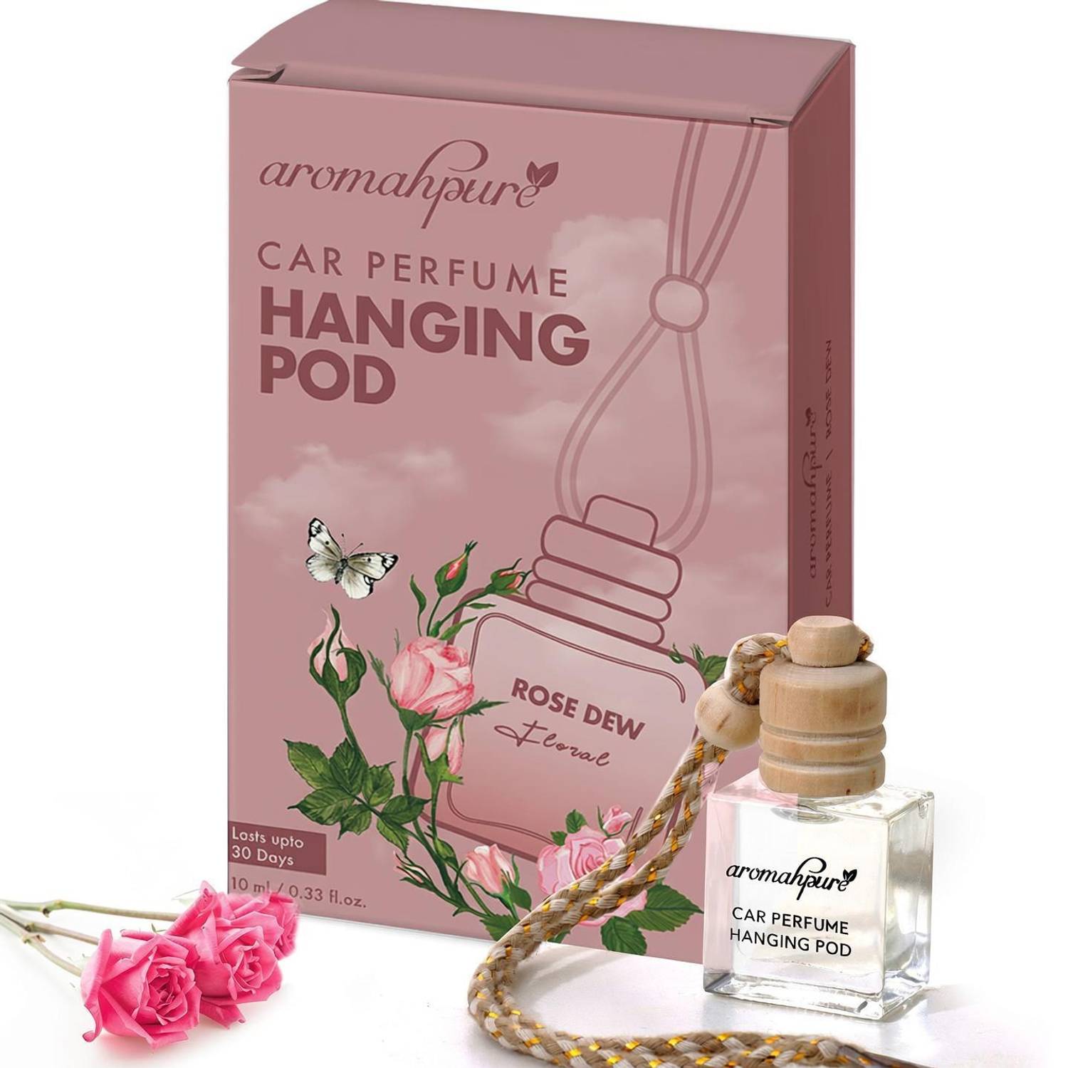 Aromahpure Rose Dew Car Freshener Diffuser Hanging Pod | Natural Fragrance Oils in Glass Bottle with Wooden Lid