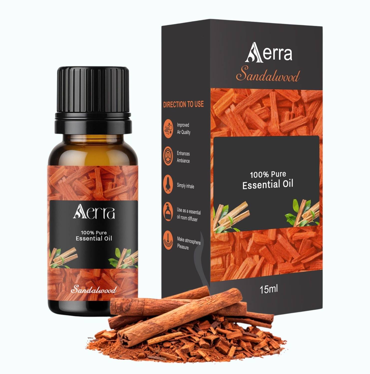 Aerra Sandalwood Aroma Oil | Sandalwood Essential Oil 15ml - 100% Pure Organic | Natural Air Freshener for Home, Car, Diffuser & Linen | Divine Woody Scent